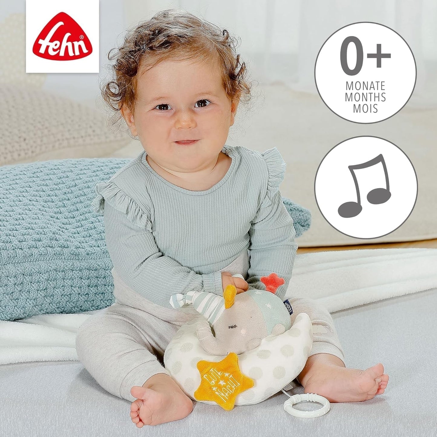 Fehn muziekdoos babyolifant in de maan - borduursel "Glow-in-the-dark" met het liedje "The moon has risen" - knuffel om je te helpen in slaap te vallen - speelgoed voor kinderen onderweg en thuis - vanaf 0+ maanden Babyspeelgoed Naty Shop