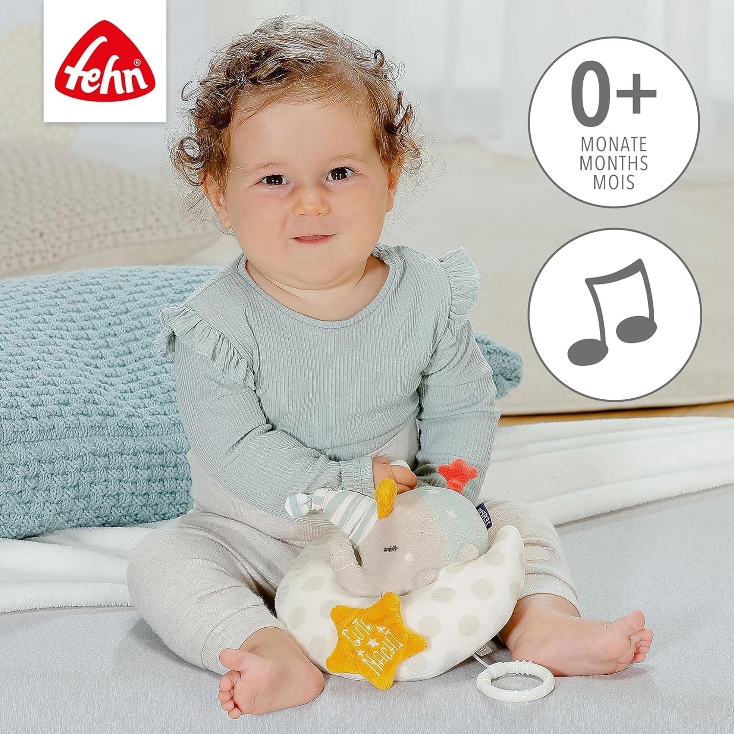 Fehn muziekdoos babyolifant in de maan - borduursel "Glow-in-the-dark" met het liedje "The moon has risen" - knuffel om je te helpen in slaap te vallen - speelgoed voor kinderen onderweg en thuis - vanaf 0+ maanden Babyspeelgoed Naty Shop