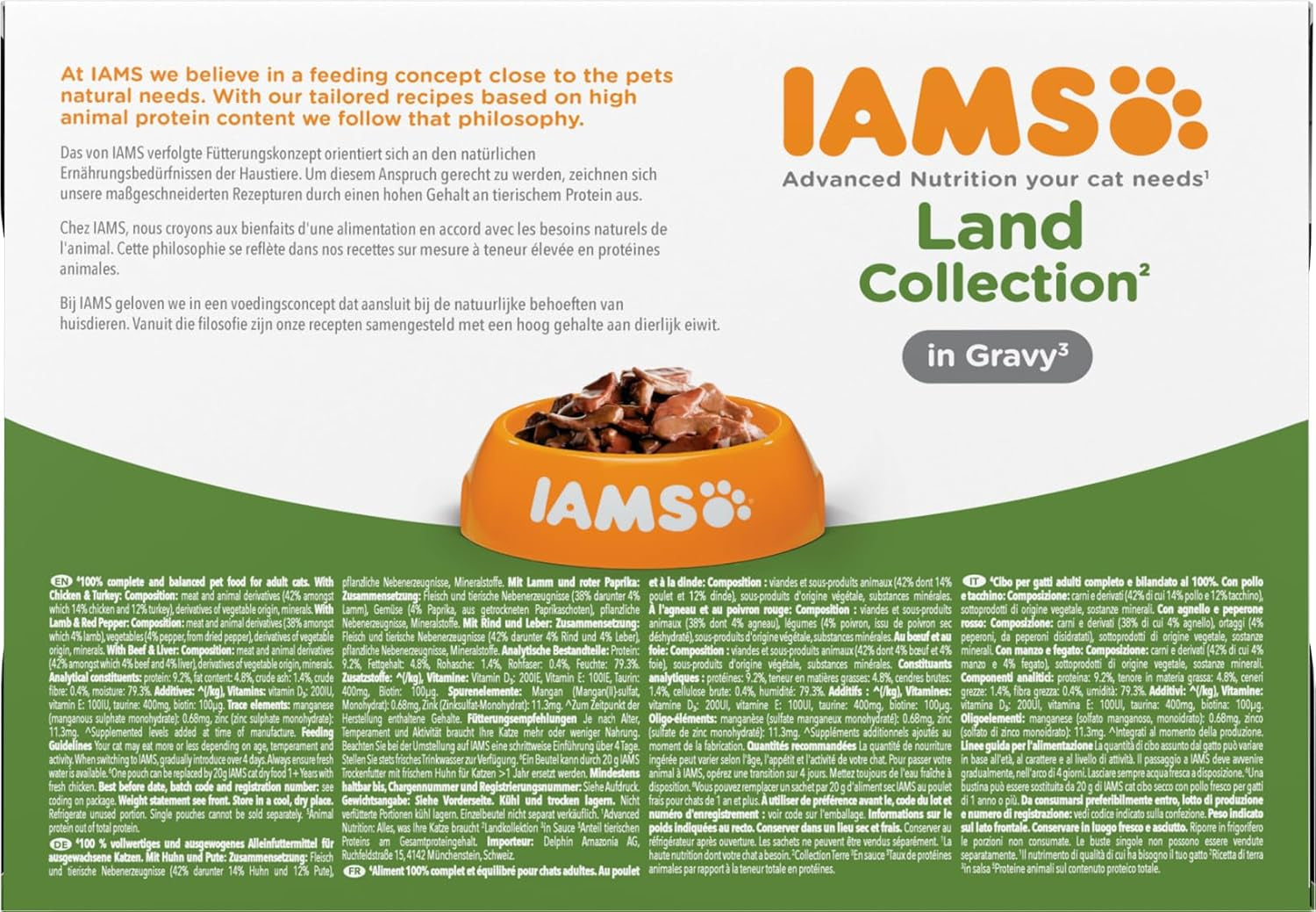 IAMS Delights Land Collection Natvoer voor katten - Multipack met vleessoorten (lamsvlees, rundvlees, kip en kalkoen) in saus, natvoer voor katten vanaf 1 jaar, 12 x 85 g
