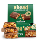 Karamel Hazelnoot Chocoladerepen vooruit | 12 chocoladerepen x 35 g zonder toegevoegde suiker | 1,9 g suiker per reep | Krokante hazelnoot- en karamelsmaak | Koolhydraatarme snoepjes | Geen palmolie