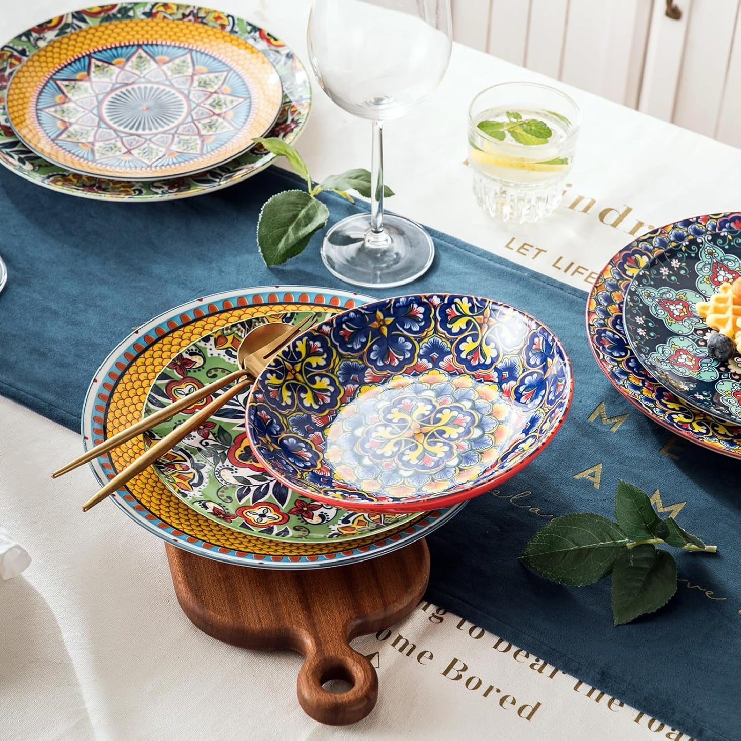 HENXFEN LEAD porseleinen serviesset, 12-delige serviesset voor 4 personen, kleurrijke serviesset voor 4 personen - handbeschilderde borden, dessertborden, soepborden - Boheemse stijl