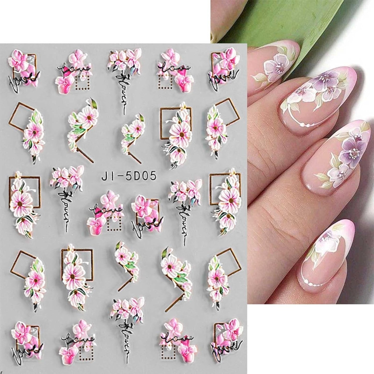JMEOWIO 3D Nagelsticker Frühling Blume Nail Art Sticker Selbstklebend Nagelaufkleber 5D Stereoskopisch Blumen Decoratie Nageldesign Zubehör 4 Blatt