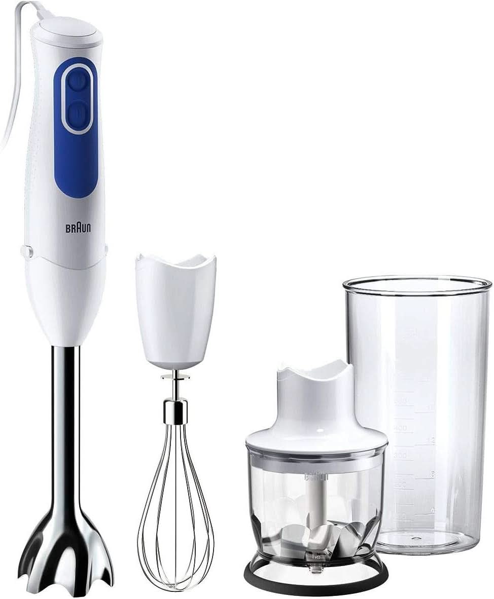 Braun Multiquick 3 MQ 3000 Smoothie+ Stabmixer – Pürierstab Mit 2 Geschwindigkeiten, Powerbell plus en Splashcontrol-Technologie, 700 Watt, Inkl. 600 Ml Mix- & Messbecher, Blau/Weiß Keuken Naty Shop Mq3025 Omelet