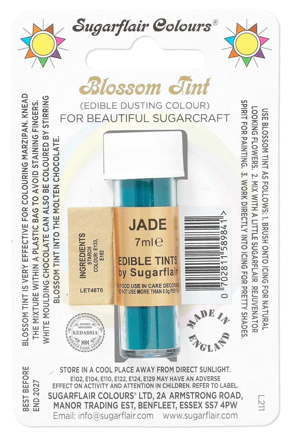 Kleurstofpoeder Sugarflair Blossom Tint Dusting Jade - Kleurstofpoeder voor het decoreren van gekleurde suikerpasta, fondant, glazuur, chocolade, botercrème, bitterkoekjes - 7 ml