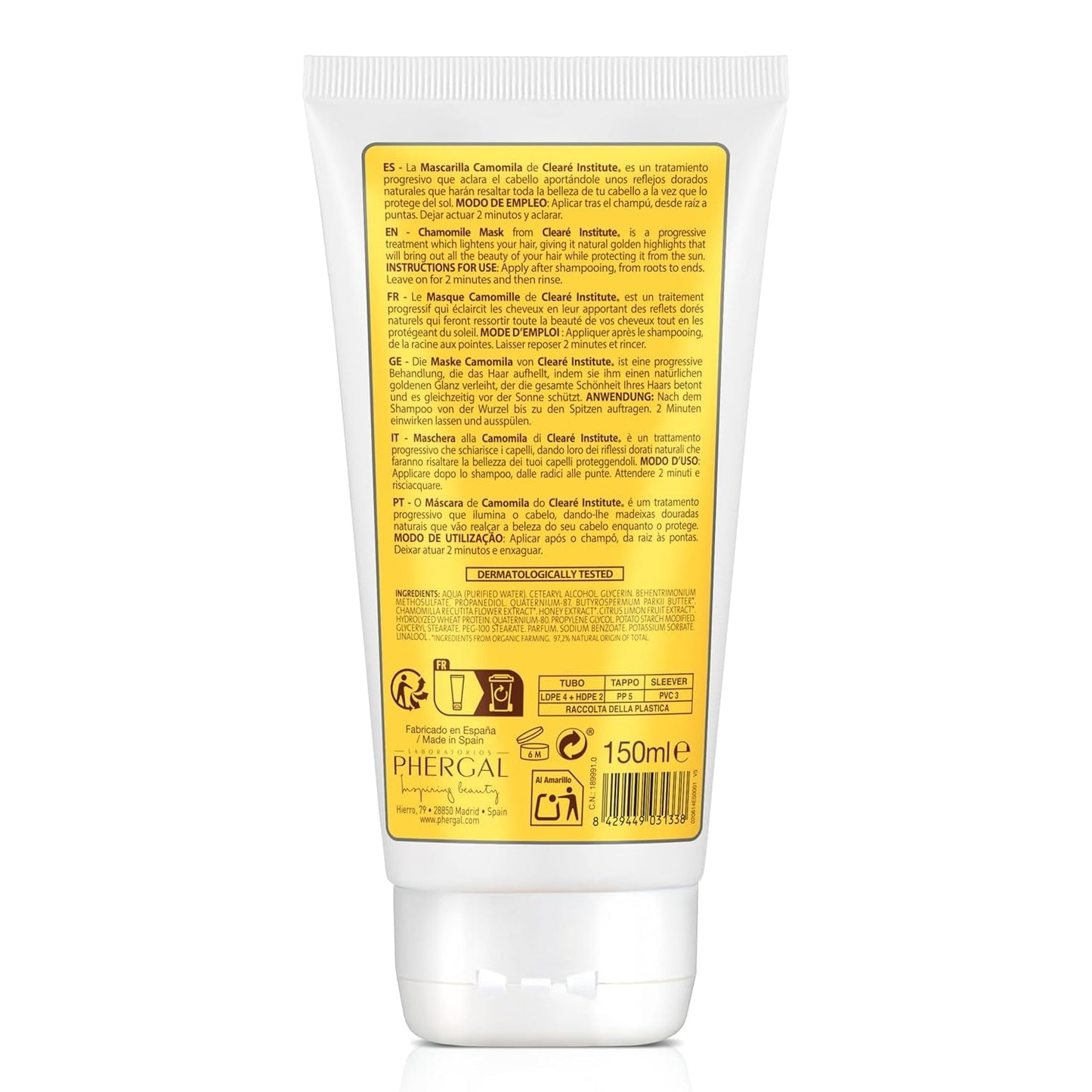 Clearé Instituut | Kamillemasker | Voedt, conditioneert en ontwart | Gouden glans en glans | 97% natuurlijke ingrediënten | Verzacht de hoofdhuid Met kamille-extract |150 ml Naty Shop haarmasker