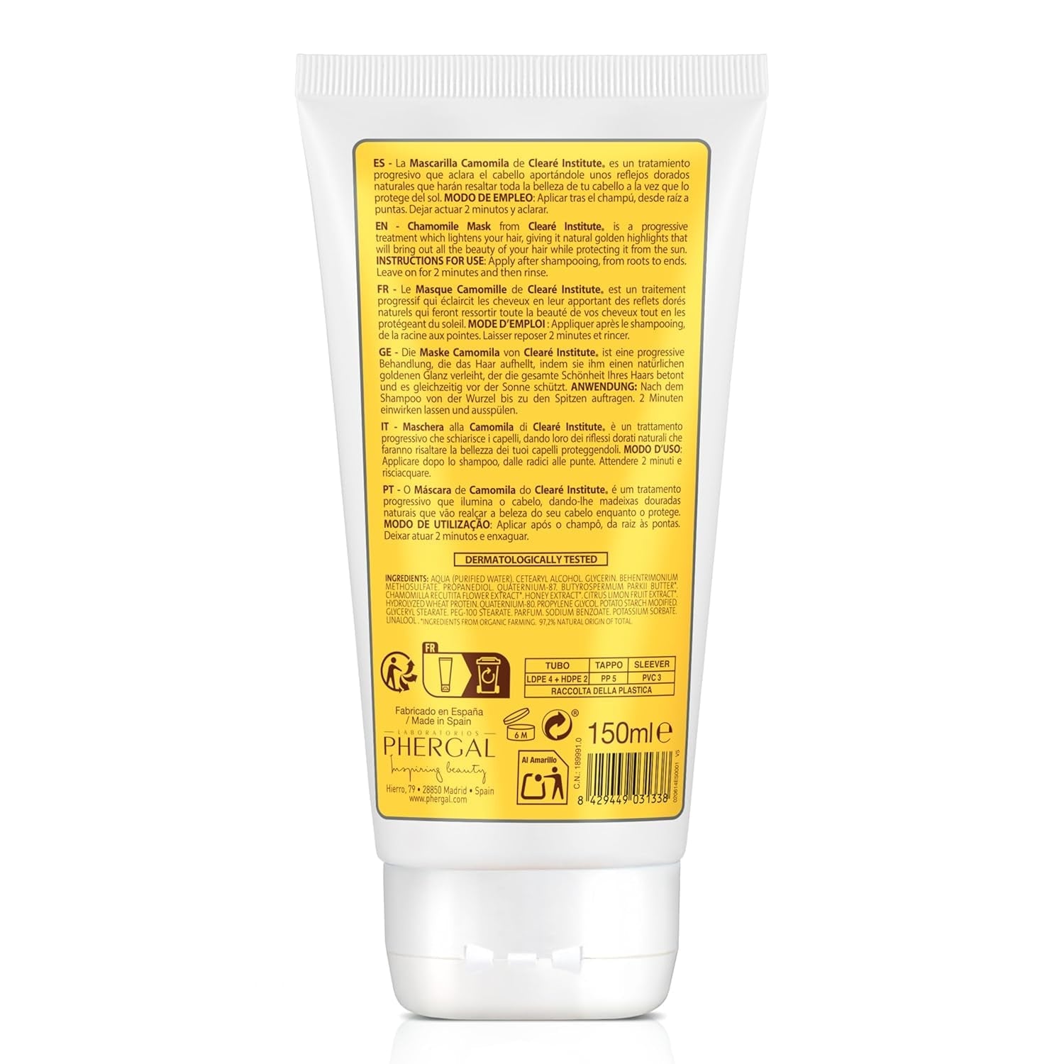 Clearé Instituut | Kamillemasker | Voedt, conditioneert en ontwart | Gouden glans en glans | 97% natuurlijke ingrediënten | Verzacht de hoofdhuid Met kamille-extract |150 ml Naty Shop haarmasker