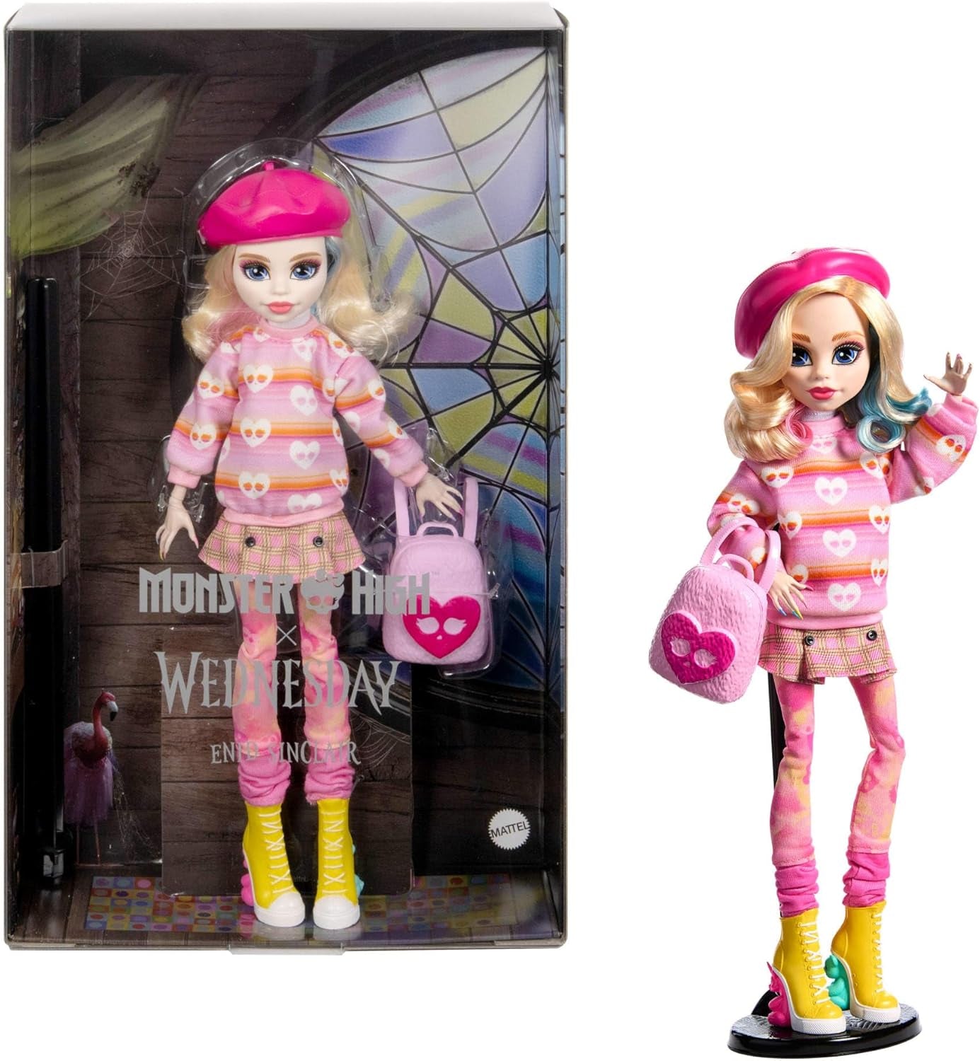 Monster High Wednesday pop en accessoires Enid Sinclair roze baret en rugzak verzamelfiguur poppenstandaard HXJ05 Naty Shop poppen standaardtitel