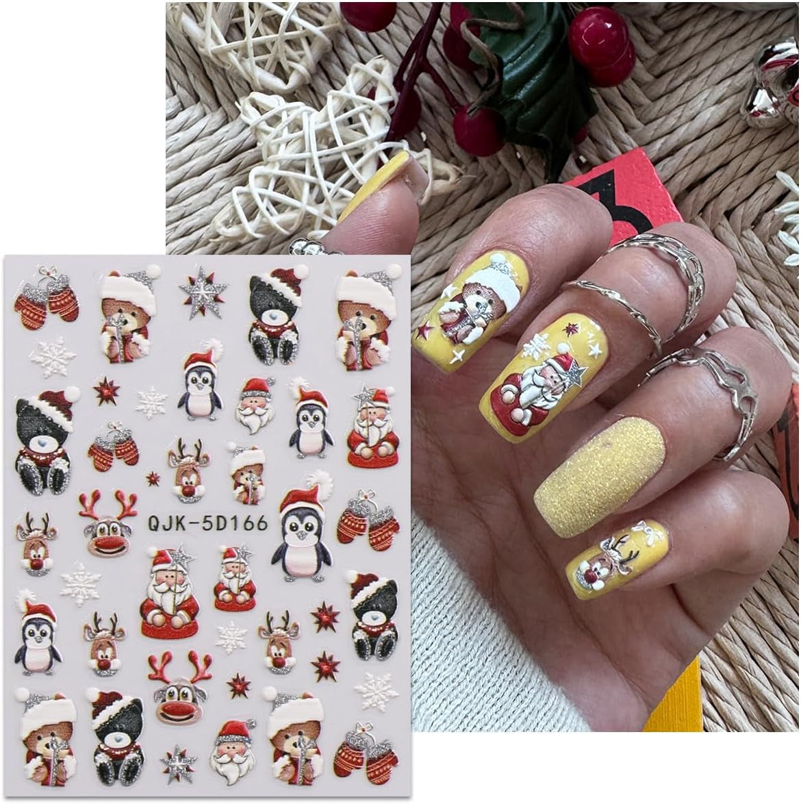 JMEOWIO 3D Nagelsticker Weihnachten Glitzer Nail Art Sticker Selbstklebend Nagelaufkleber 5D Stereoskopisch Schneeflocke Winterurlaub Süß Decoratie Nageldesign Zubehör 4 Blatt