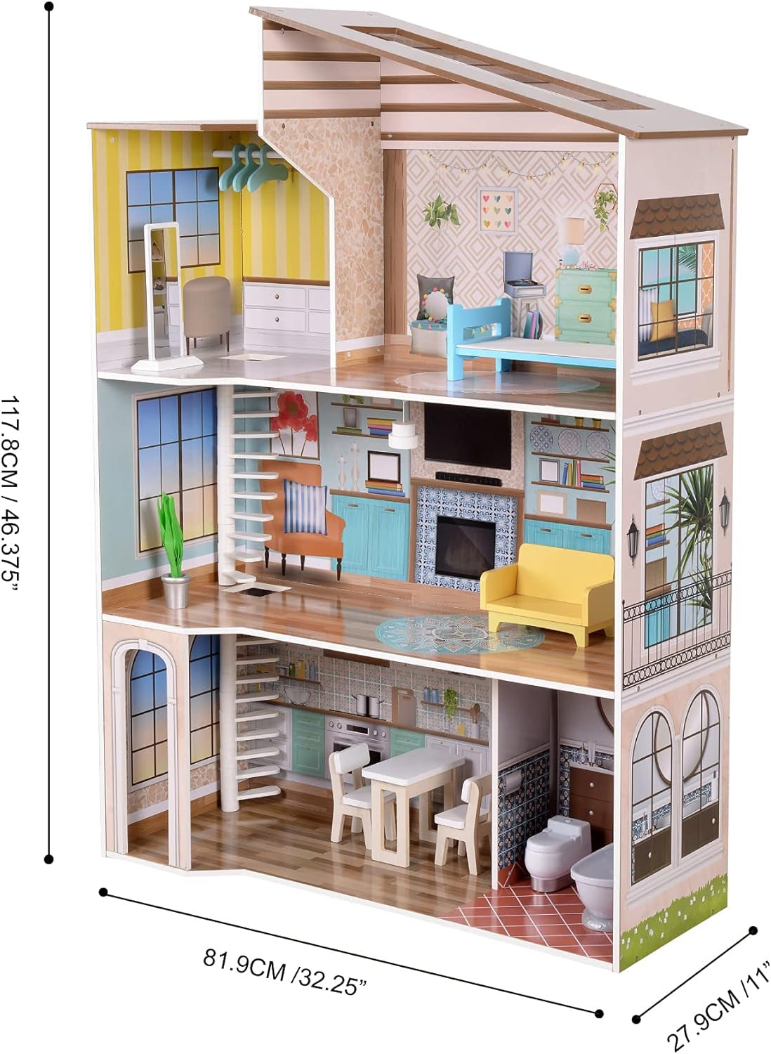 Olivia's Little World hedendaagse mediterrane stijl interactief houten poppenhuis van 3 verdiepingen voor kinderen met 17 poppenmeubelaccessoires veelkleurig TD-13551B