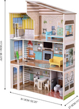 Olivia's Little World hedendaagse mediterrane stijl interactief houten poppenhuis van 3 verdiepingen voor kinderen met 17 poppenmeubelaccessoires veelkleurig TD-13551B