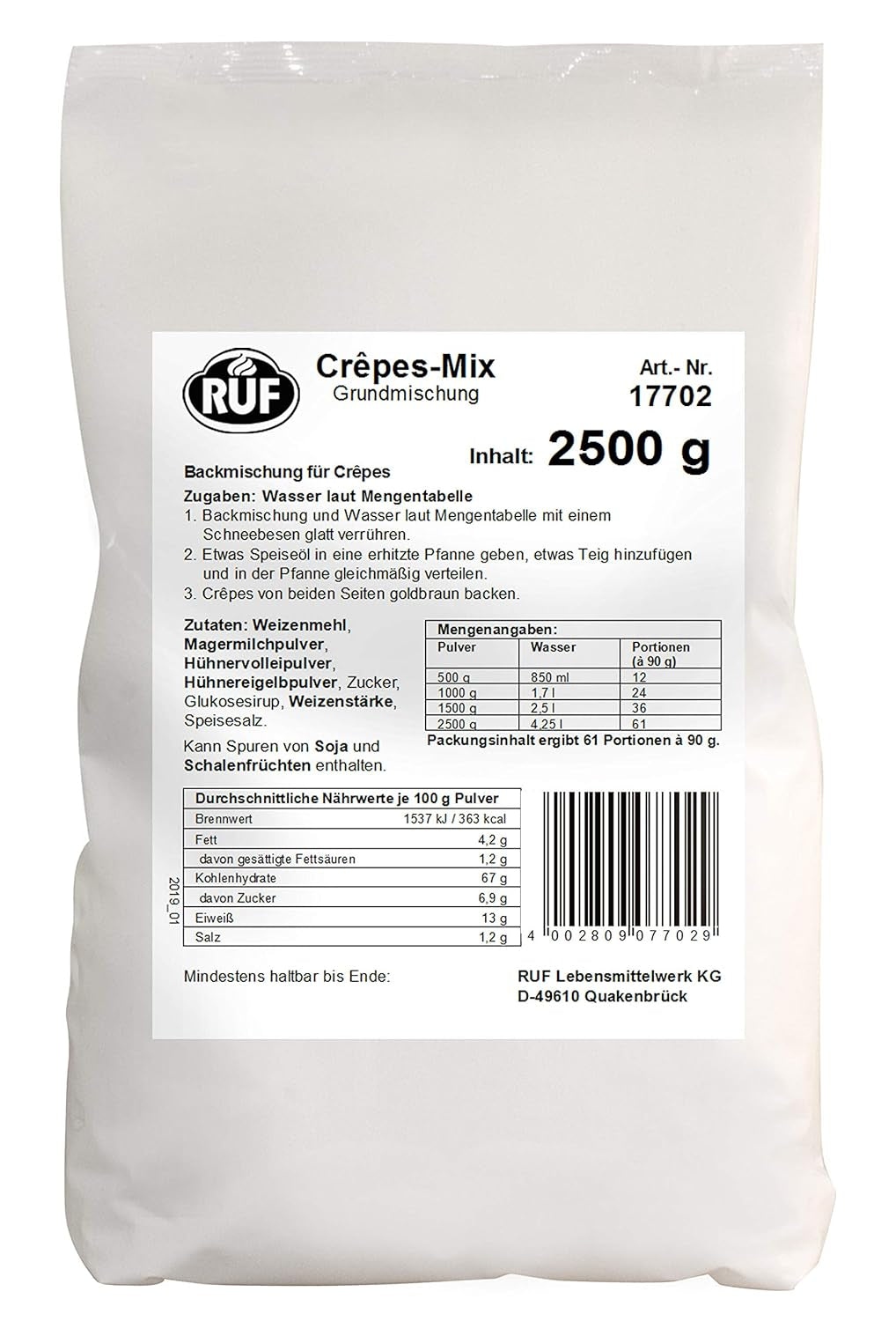 RUF Waffel-Mix, Großpackung, Grundmischung Zur Herstellung Von Waffeln Im Waffeleisen, Für Großküchen, Kantinen, Hotels en Restaurants, 1 X 2500G Mix voor bakken en koken Naty Shop Crêpesteig Single