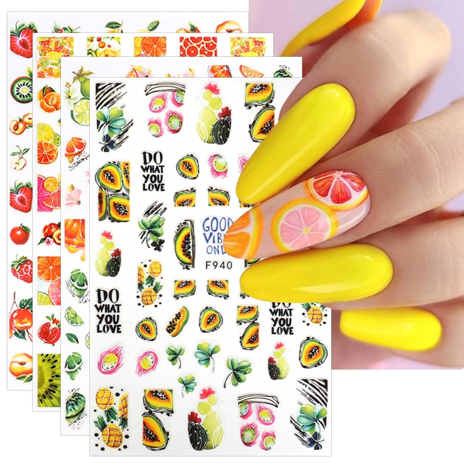 JMEOWIO Nagelsticker Sommer Frucht 9 Blatt Nail Art Sticker Selbstklebend Nagelaufkleber Zitronen Decoratie Nageldesign Zubehör