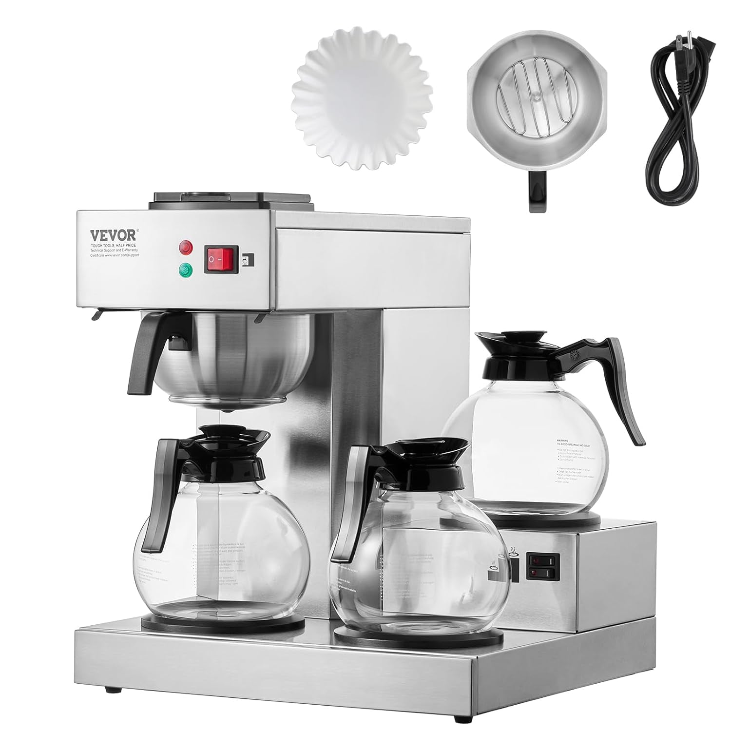 VEVOR Commerciële filter-espressomachine met 12 kopjes, 3 glazen karaffen en 3 verwarmingsplaten, roestvrijstalen espressomachine met automatische watertoevoer voor restaurant, kantoor, koffiebar