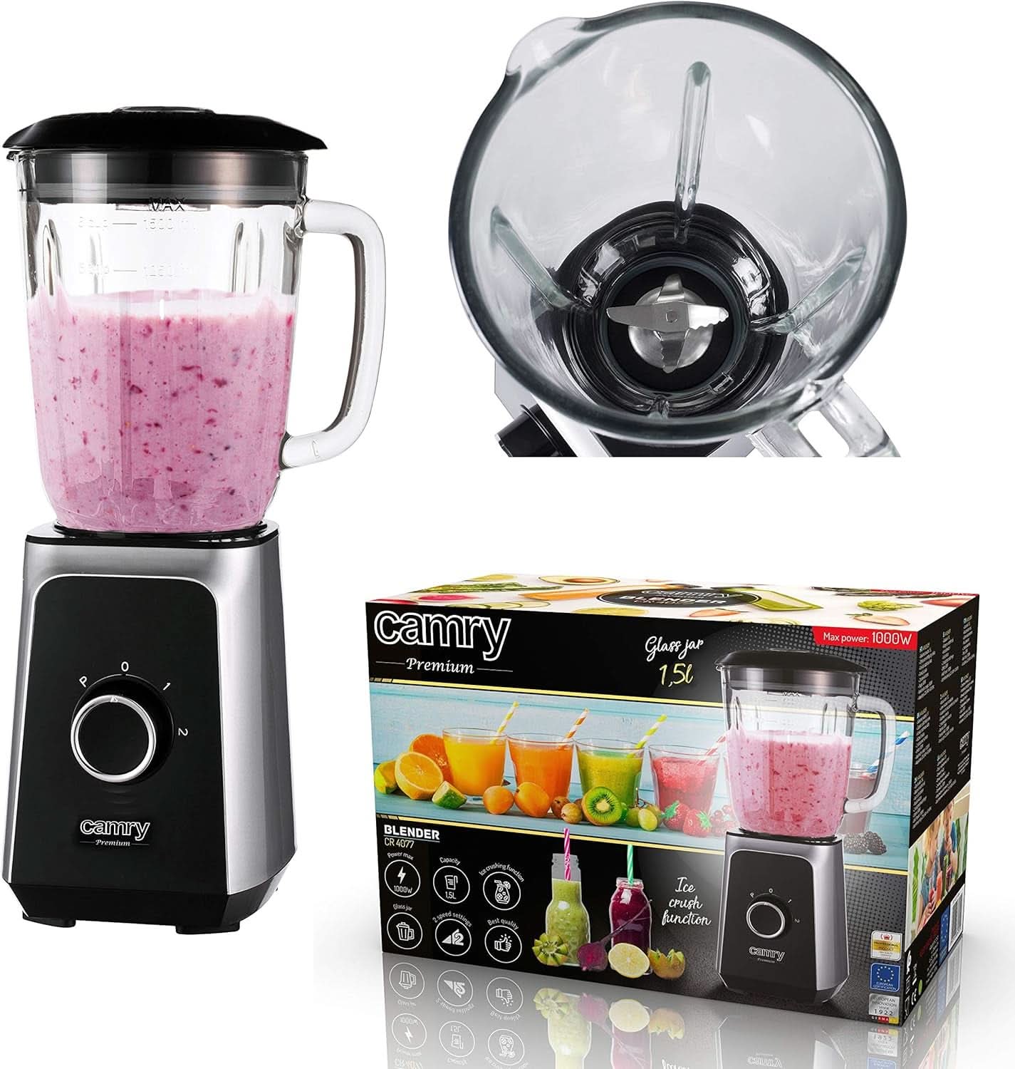 CR 4077 Standmixer Met 1,5L Glashouder, Smoothie Maker, Hochleistungsmixer, Mahlung, Eis-Zerkleinerung, Pulsfunktion, Edelstahlklingen, 2 Geschwindigkeiten, 1000W, Schwarz/Silber Kitchen Naty Shop