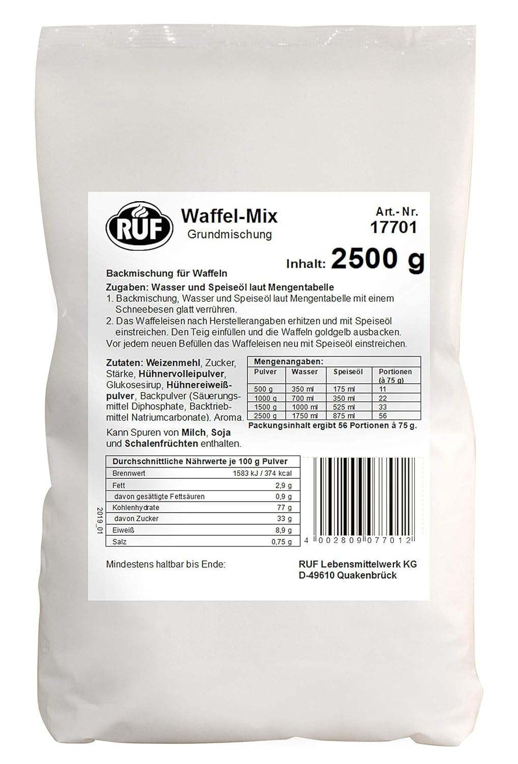 RUF Waffel-Mix, Großpackung, Grundmischung Zur Herstellung Von Waffeln Im Waffeleisen, Für Großküchen, Kantinen, Hotels en Restaurants, 1 X 2500G Mix voor bakken en koken Naty Shop Wafelteig Single