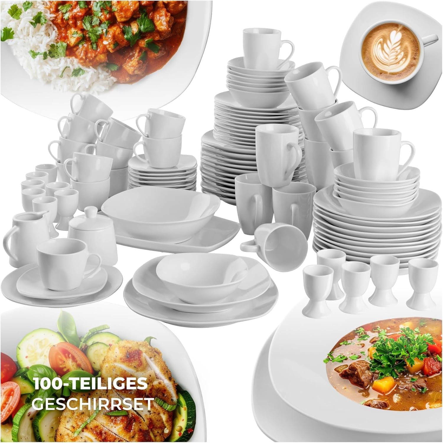 tectake® 12-persoons serviesset, 100-delige porseleinen serviesset, inclusief 12 borden, 12 dessertborden, 12 dinerborden, 12 kopjes, 12 ontbijtgranenschalen, slakom, melkkan, suikerpot