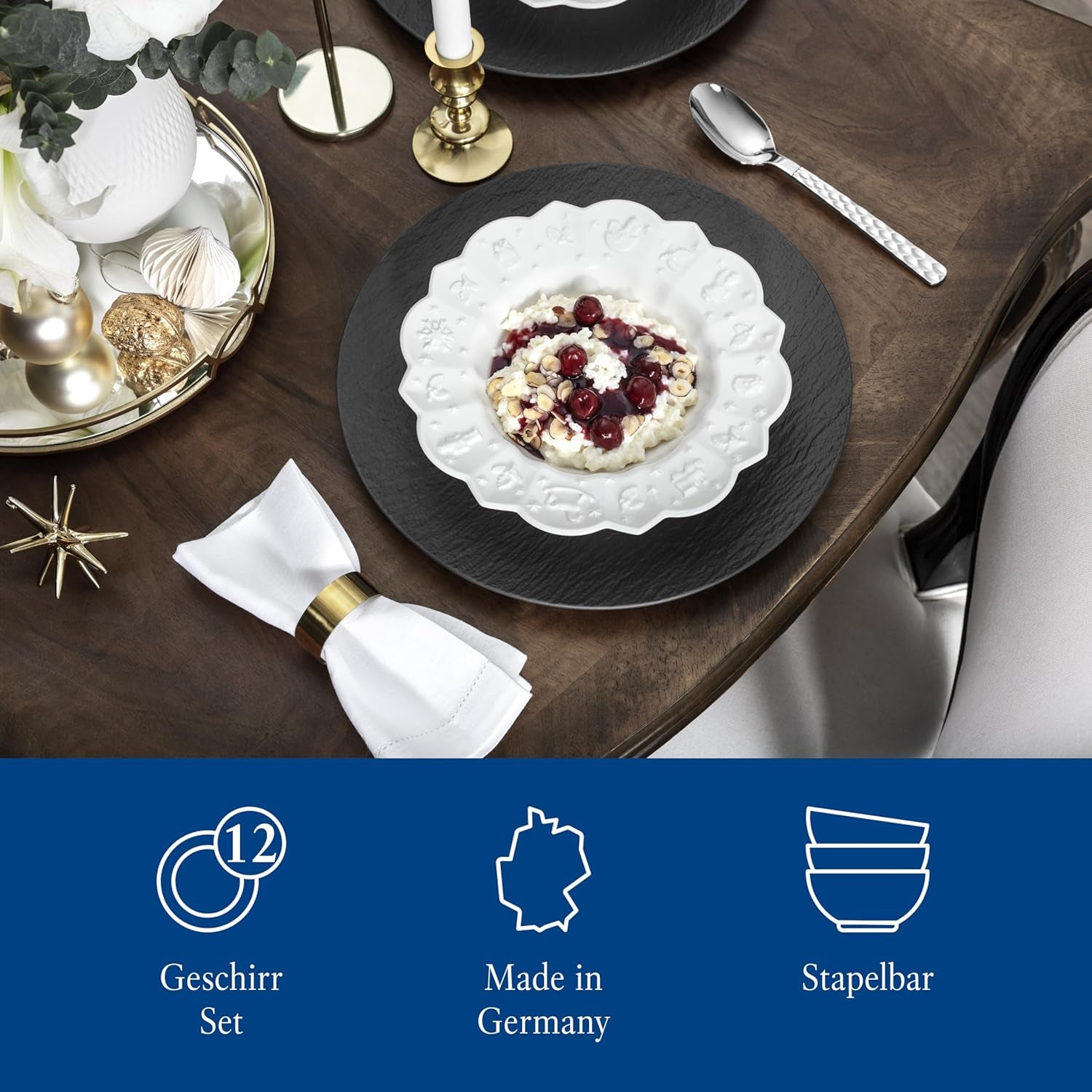Villeroy & Boch Toy's Delight Royal Classic 12-delige serviesset, vaatwasser- en magnetronbestendig, wit, borden, 4-persoons serviesset, kerstservies, speelgoed, premium porselein