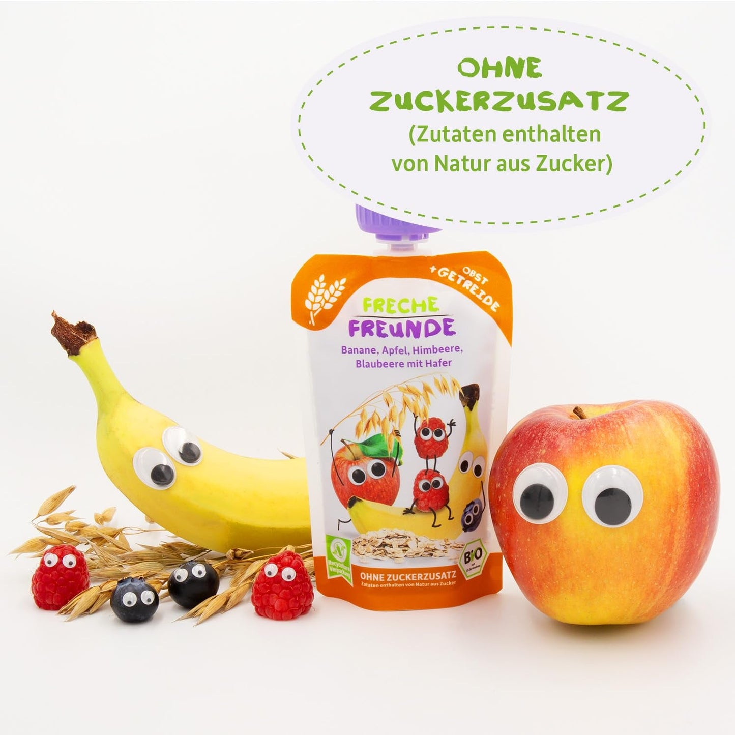 FRECHE FREUNDE Biologisch fruitzakje banaan, appel, framboos, bosbes met haver, fruitpuree met granen in een knijpbaar zakje voor baby's vanaf 6 maanden, veganistisch, 6 stuks (6 x 100 g)