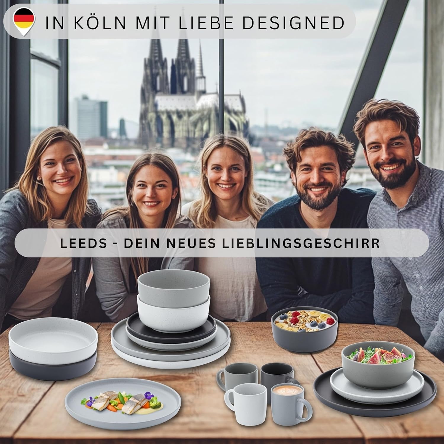 SÄNGER Leeds | 12-delige aardewerken serviesset 4-persoons dinerbordenset (4 dinerborden, 4 dessertborden, 4 kommen), kleurrijk krasbestendig serviesgoed | DE WAARDE-COLLECTIE