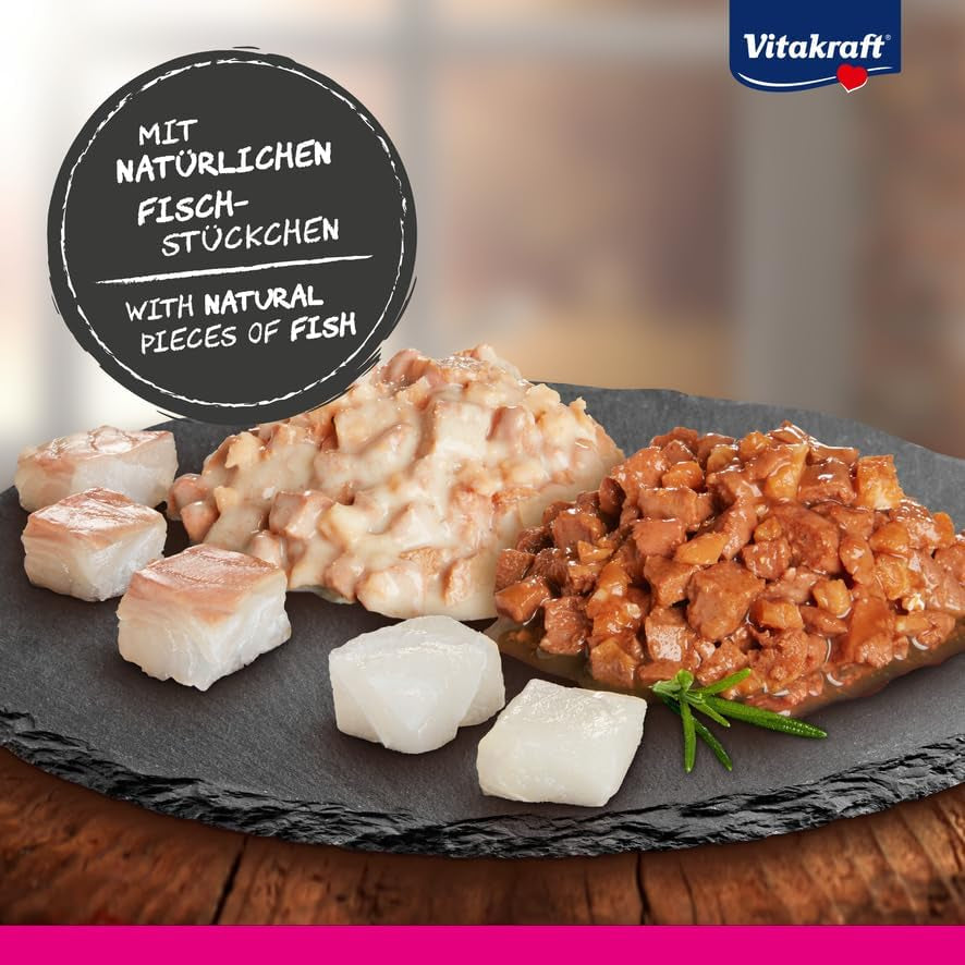 Vitakraft Poésie Délice, Fish Selection, Nassfutter Katze, Katzennassfutter in Sauce, met Seelachs, met Kabeljau, ohne Zusatz von Zucker en Getreide (1 Paket met 6x 85g)