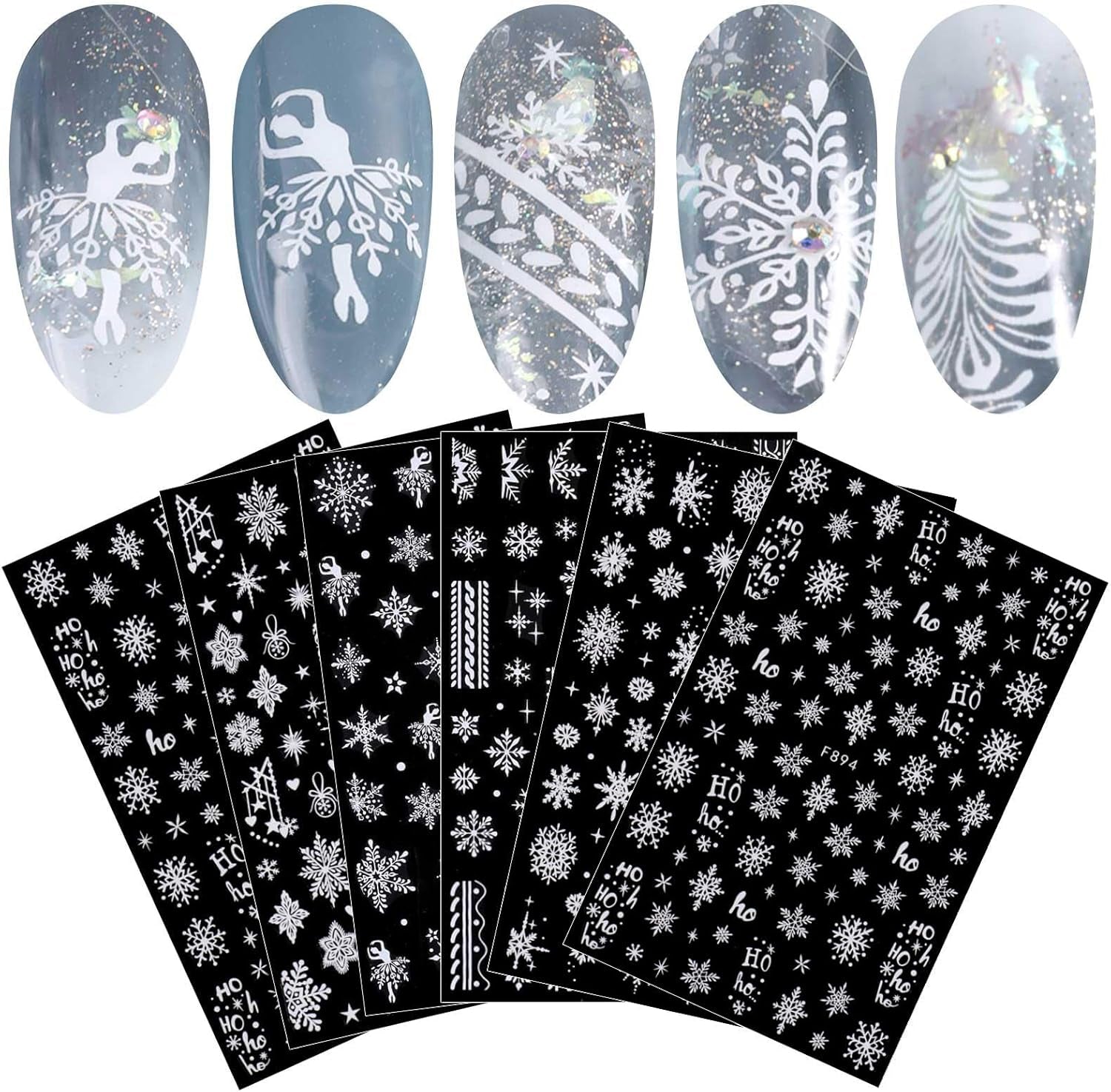 JMEOWIO Nagelsticker Weihnachten Weiß Glitter 8 Blatt Nail Art Sticker Selbstklebend Nagelaufkleber Schneeflocke Winter Holiday Decoratie Nageldesign Zubehör