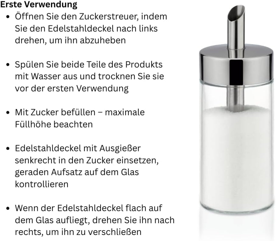 Tescoma glazen shaker, geborsteld roestvrij staal, ideaal voor witte/bruine suiker, 225 ml
