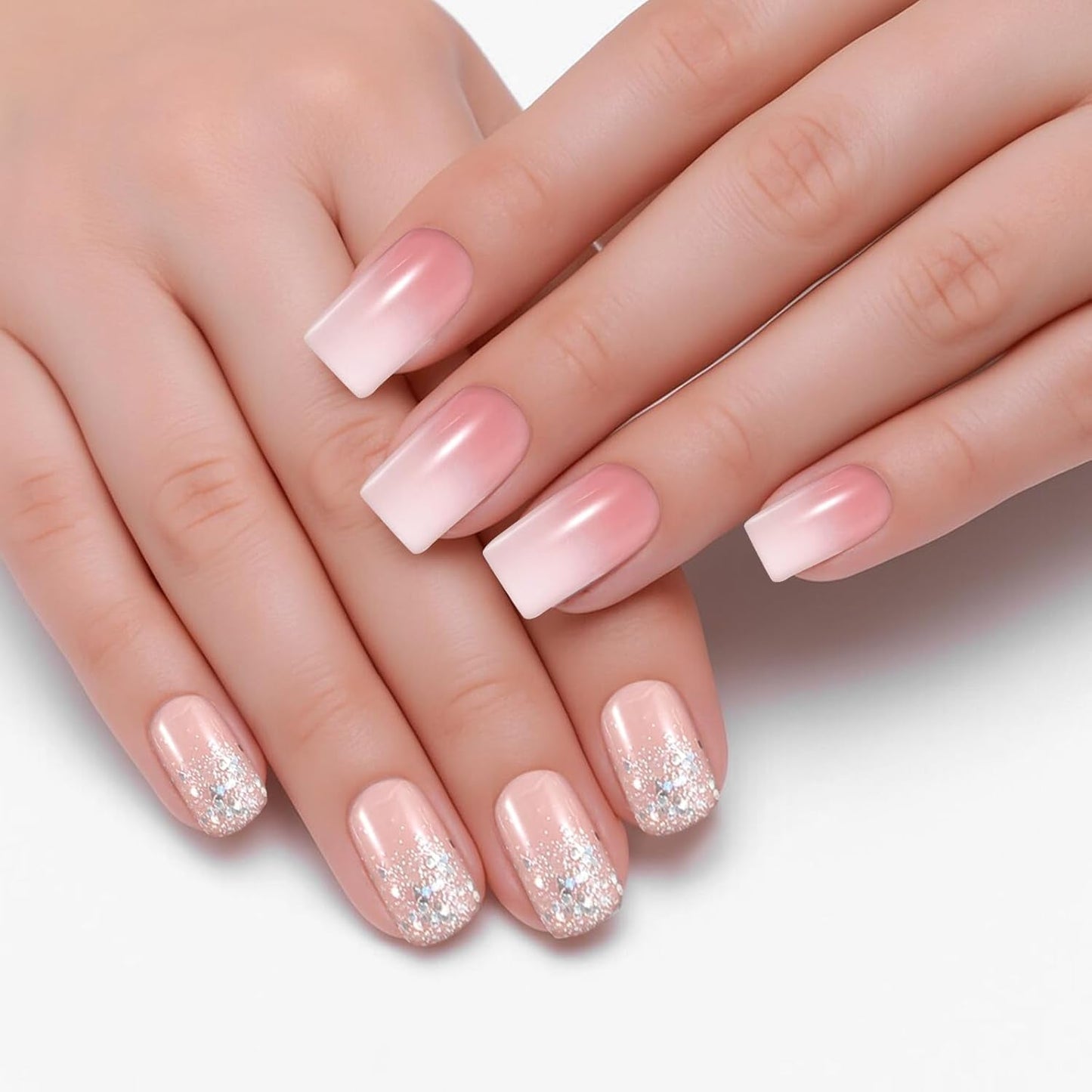 48 stuks korte lijm op nagels 2 stijlen korte vierkante Franse nagels met nagellijm en nagelvijl roze wit ombre nepnagels voor dames