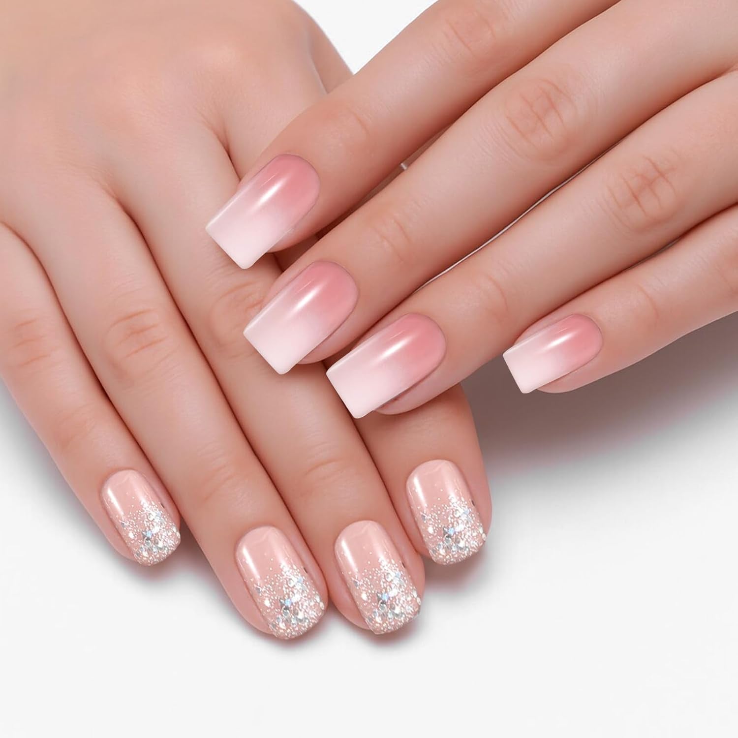 48 stuks korte lijm op nagels 2 stijlen korte vierkante Franse nagels met nagellijm en nagelvijl roze wit ombre nepnagels voor dames