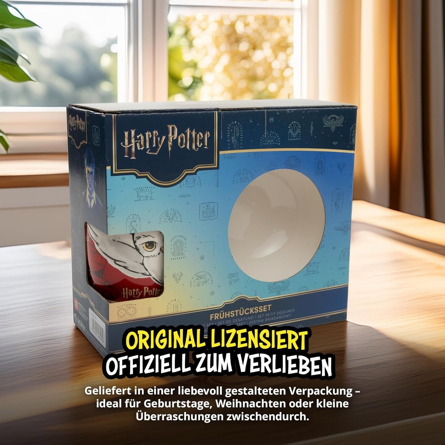 Harry Potter 3-delig servies, rood, porseleinen ontbijtservies met bord Ø 19 cm, mok 220 ml en kom 330 ml, servies