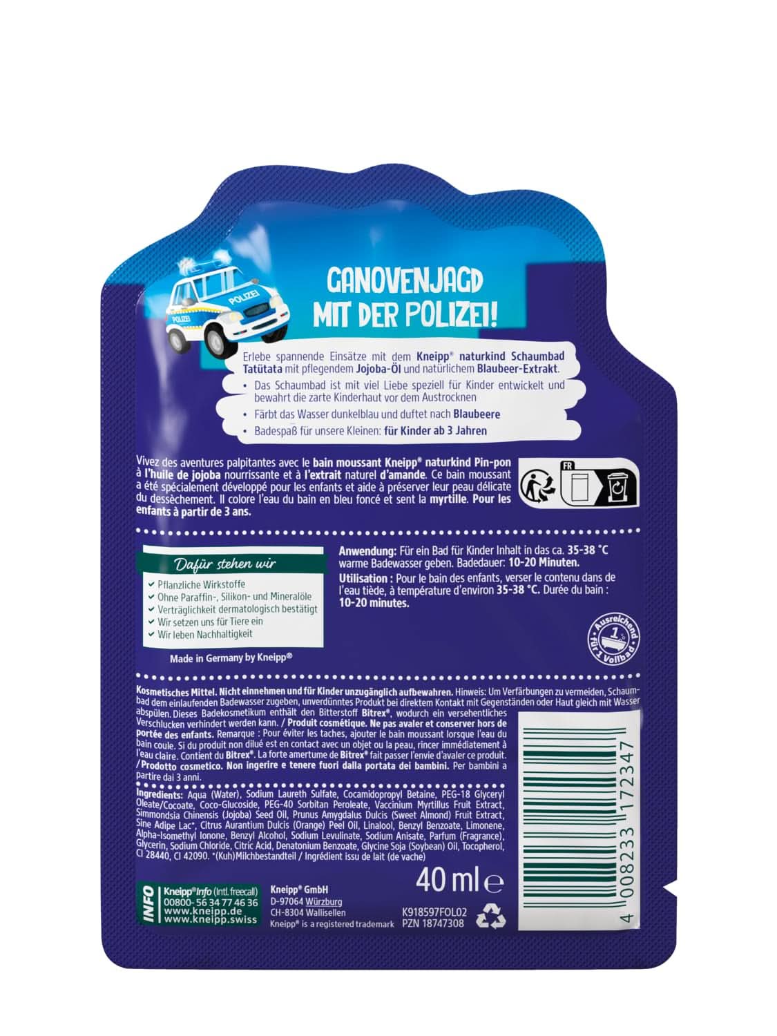 Kneipp Naturkind, badadditief met voedende jojoba-olie en natuurlijk bosbessenextract, fruitige bosbessensmaak, blauw water, 40 ml Douche en bad Naty Shop