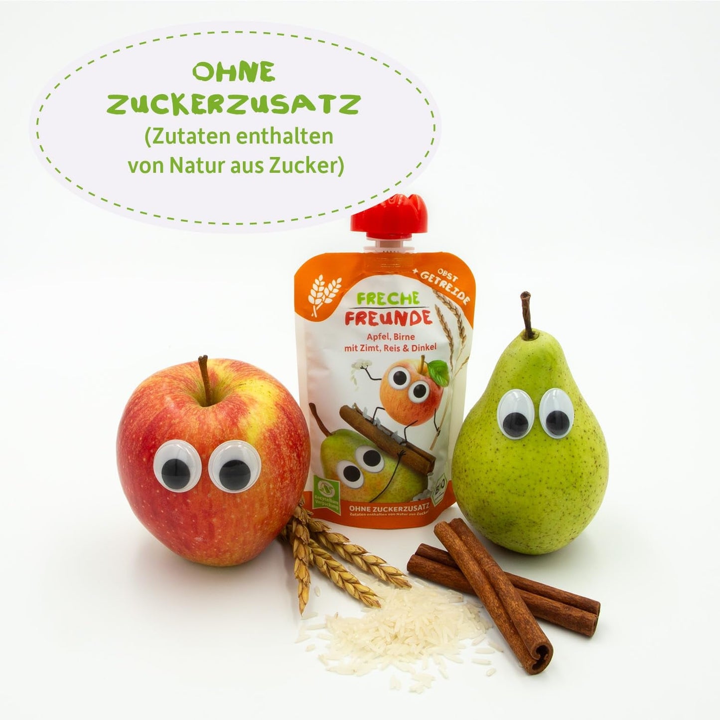FRECHE FREUNDE Biologisch uitknijpbaar fruitzakje Appel Kaneel Peer Rijst Speltfruitpuree met granen voor baby's vanaf 6 maanden + Veganistisch 6-pack (6 x 100 g)