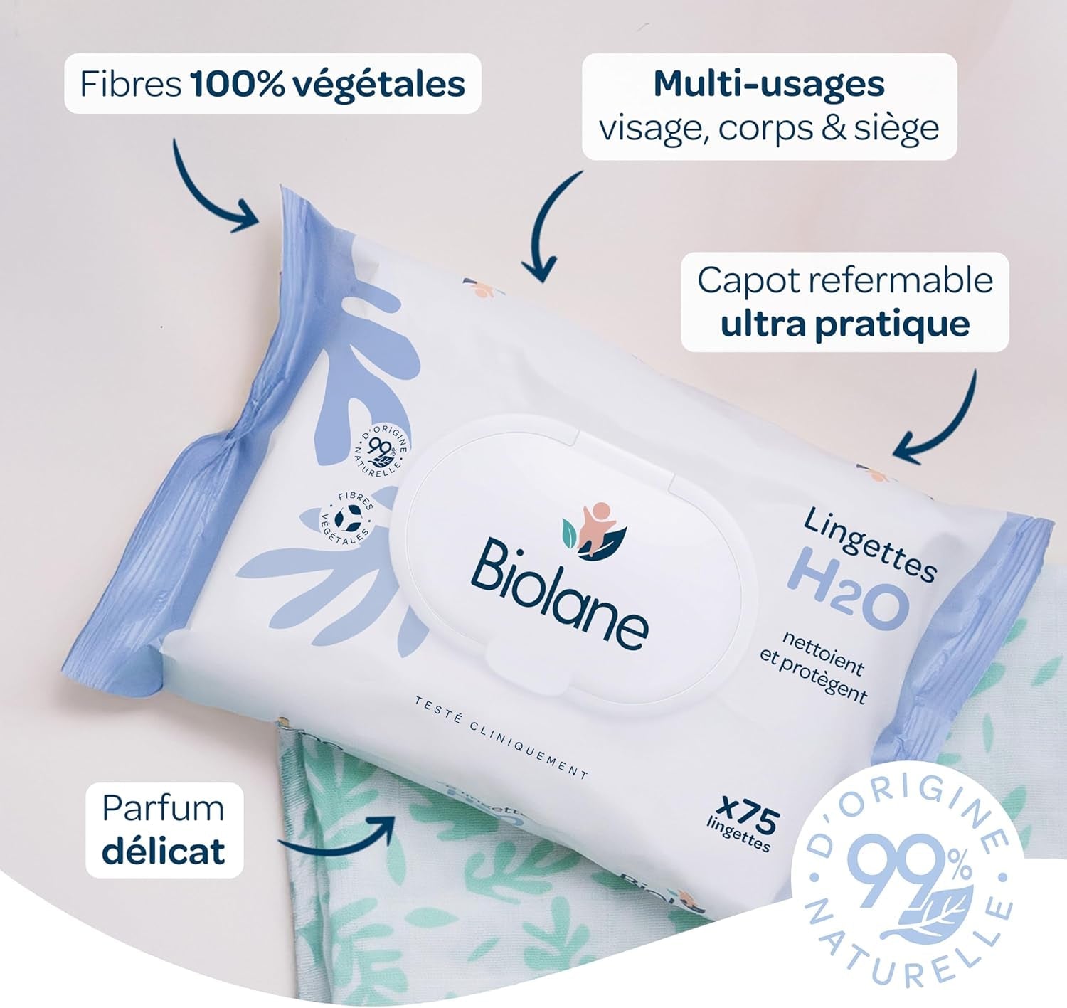 BIOLANE - Babydoekjes met water - 225 doekjes - 3 x 75 stuks - Zachte en effectieve reiniging - Vanaf de geboorte - Franse kwaliteit