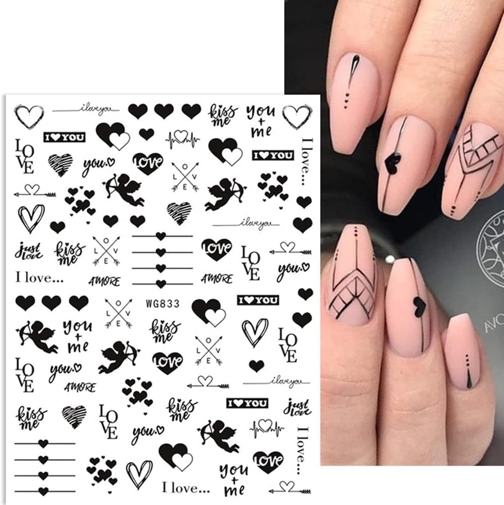8 Blatt Nagelsticker Valentinstag Nagelaufkleber Selbstklebend Liebhaber Des Schwarzen Herzens Nail Art Sticker Decoratie Nageldesign Zubehör