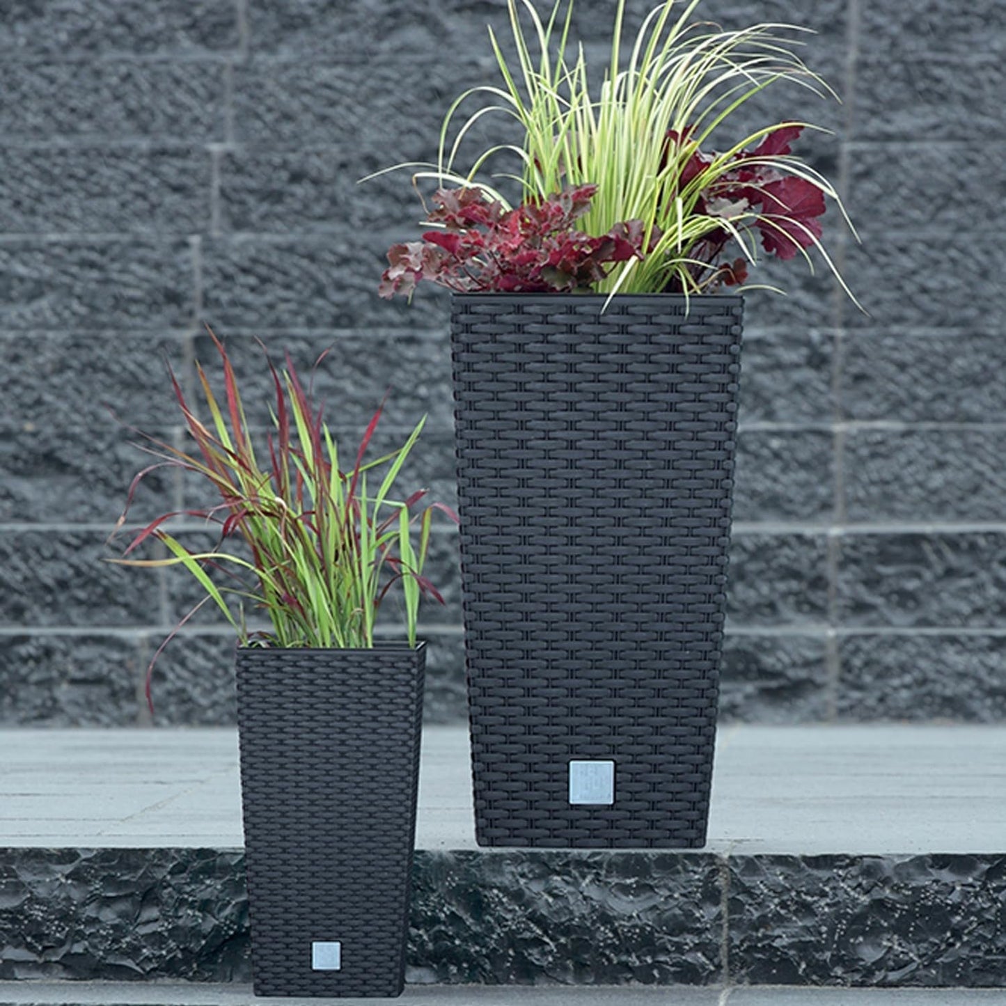 Prosperplast rotanlook potten/potten met inzet | 26,5 x 26,5 x 50cm | antraciet | weer- en UV-bestendig | van stevig kunststof | voor binnen en buiten