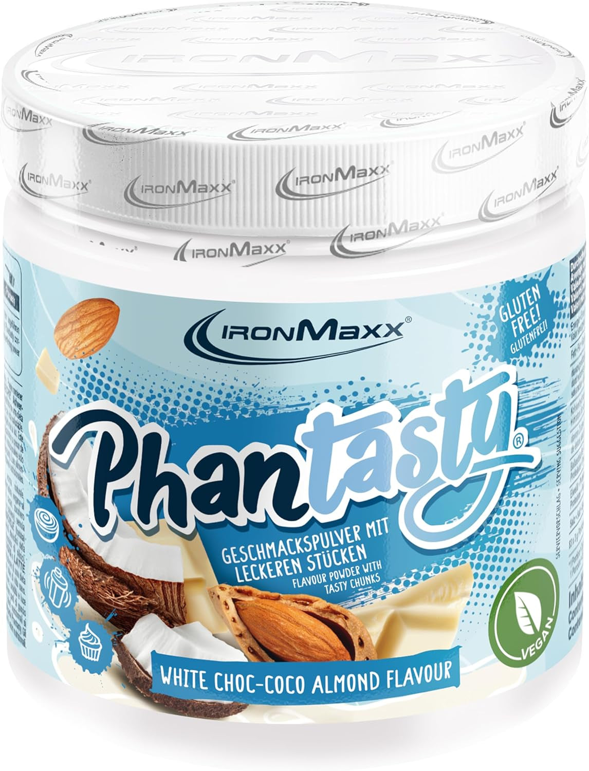 Ironmaxx Phantasty - Romige perzik 250G dosis | Veganistische Geschmackspulver Mit Echten Frucht- Oder Nussstückchen | Perfekter Zuckerersatz Zoetstoffen Naty Shop 250 G (1Er-pakket) Witte Choc – Kokosamandel