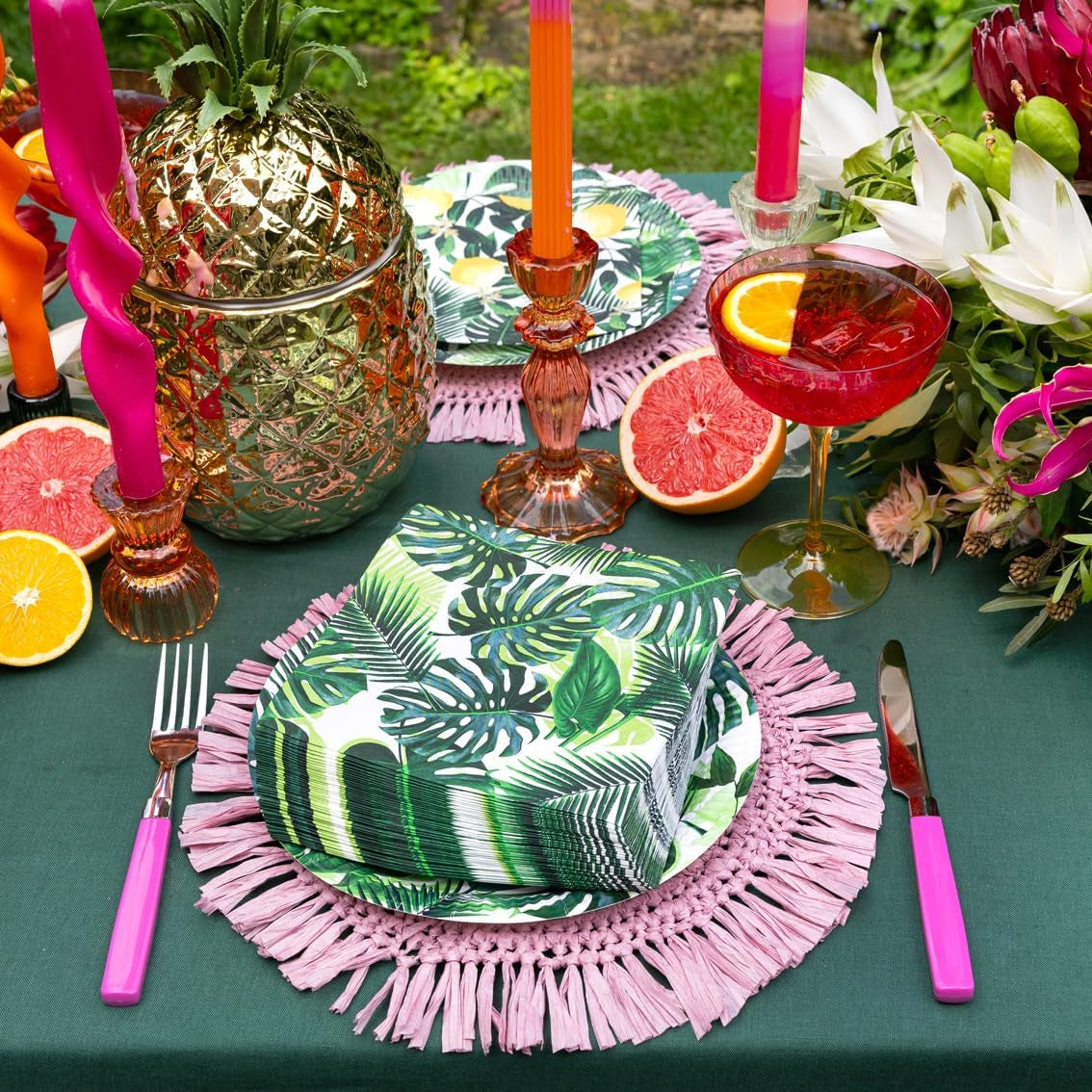 Pak van 20 tropische doekjes | Groenboekservetten met palmbladmotief | Wegwerpservies voor kinderfeest, safarifeest, jungle, dinosaurus, zomer, Hawaiiaans thema