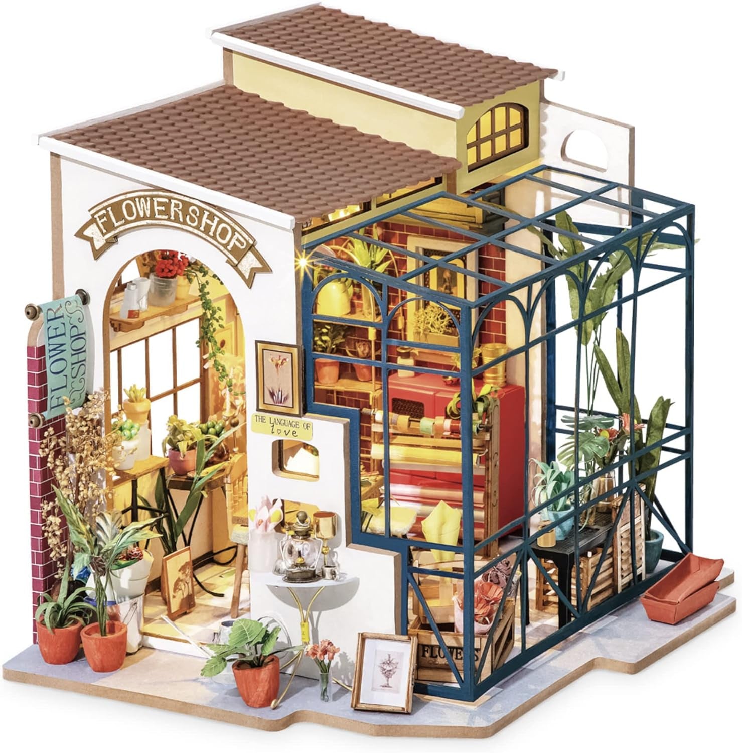 Robotime DG145 Rolife Emily's Flower Shop miniatuur poppenhuis Gemaakt van hout, metaal, stof en karton, afmetingen: 22 x 15 x 17 cm, Naty Shop poppenhuizen