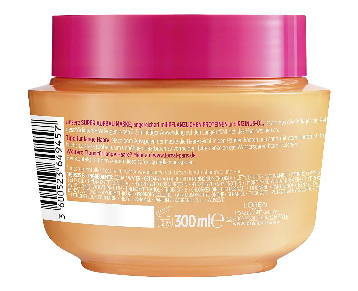 L'Oréal Paris Elvital Anti Split End Haarmasker voor lang, beschadigd haar, Intensieve uitspoelbehandeling, Met plantaardige vitamines en ricinusolie, Dream Length Super Build-up Mask, 1 x 300 ml Naty Shop Haarmasker