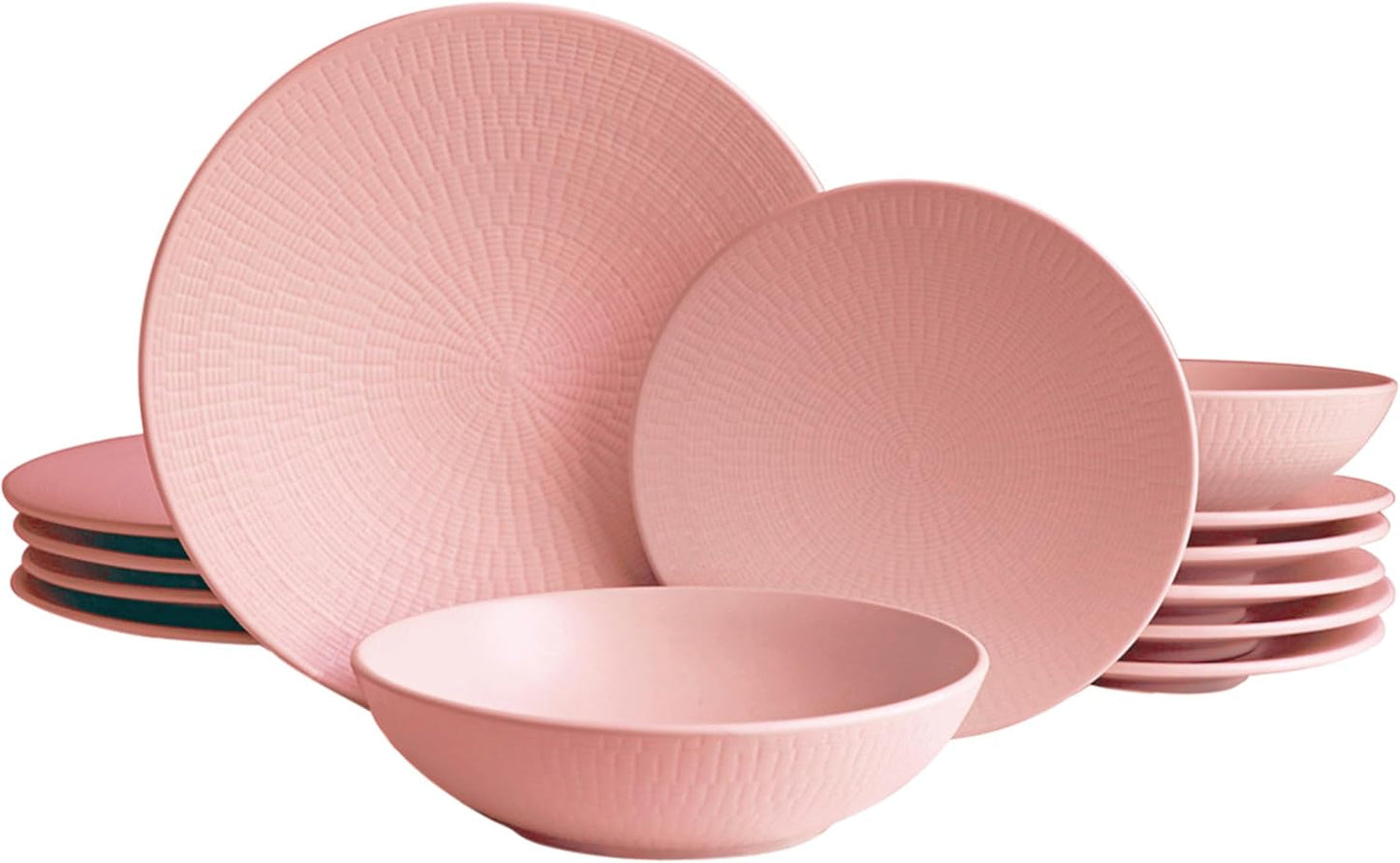 ECHTWERK Vintage serviesset 12-delig natuurlijk design "Blanka" 4-persoons elegant getextureerd steengoed serviesset met 4 dinerborden 4 zijborden 4 dinerborden roze