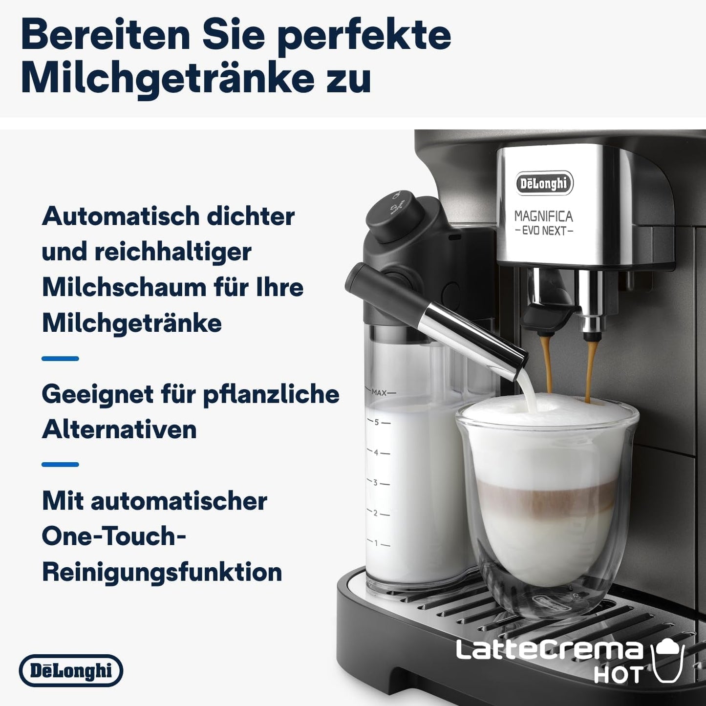 De'Longhi Magnifica Evo Next - Perfetto volautomatische espressomachine met LatteCrema melkopschuimer, 13 One-Touch-drankjes, koffie- en cappuccinomaker, kleurentouchscreen, titanium (ECAM312.80.TB)