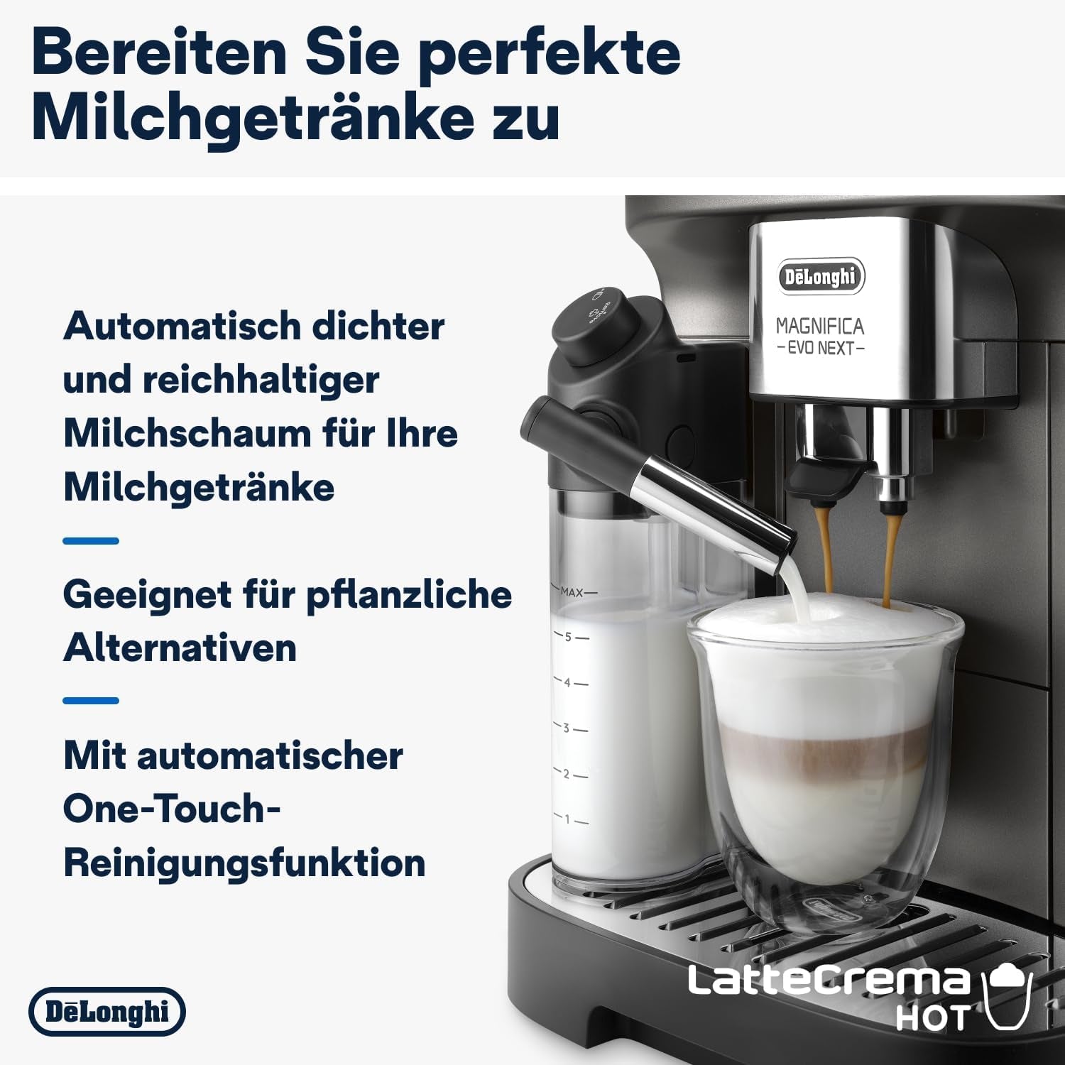 De'Longhi Magnifica Evo Next - Perfetto volautomatische espressomachine met LatteCrema melkopschuimer, 13 One-Touch-drankjes, koffie- en cappuccinomaker, kleurentouchscreen, titanium (ECAM312.80.TB)