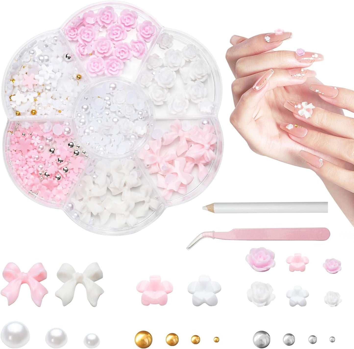 3D Nagelbedels, Nail Art Charms Schleifen, Blumen en Perlen, Nagel Charms Aus Harz, Nageldekorations Sets, DIY Charms Nägel, Nagelanhänger