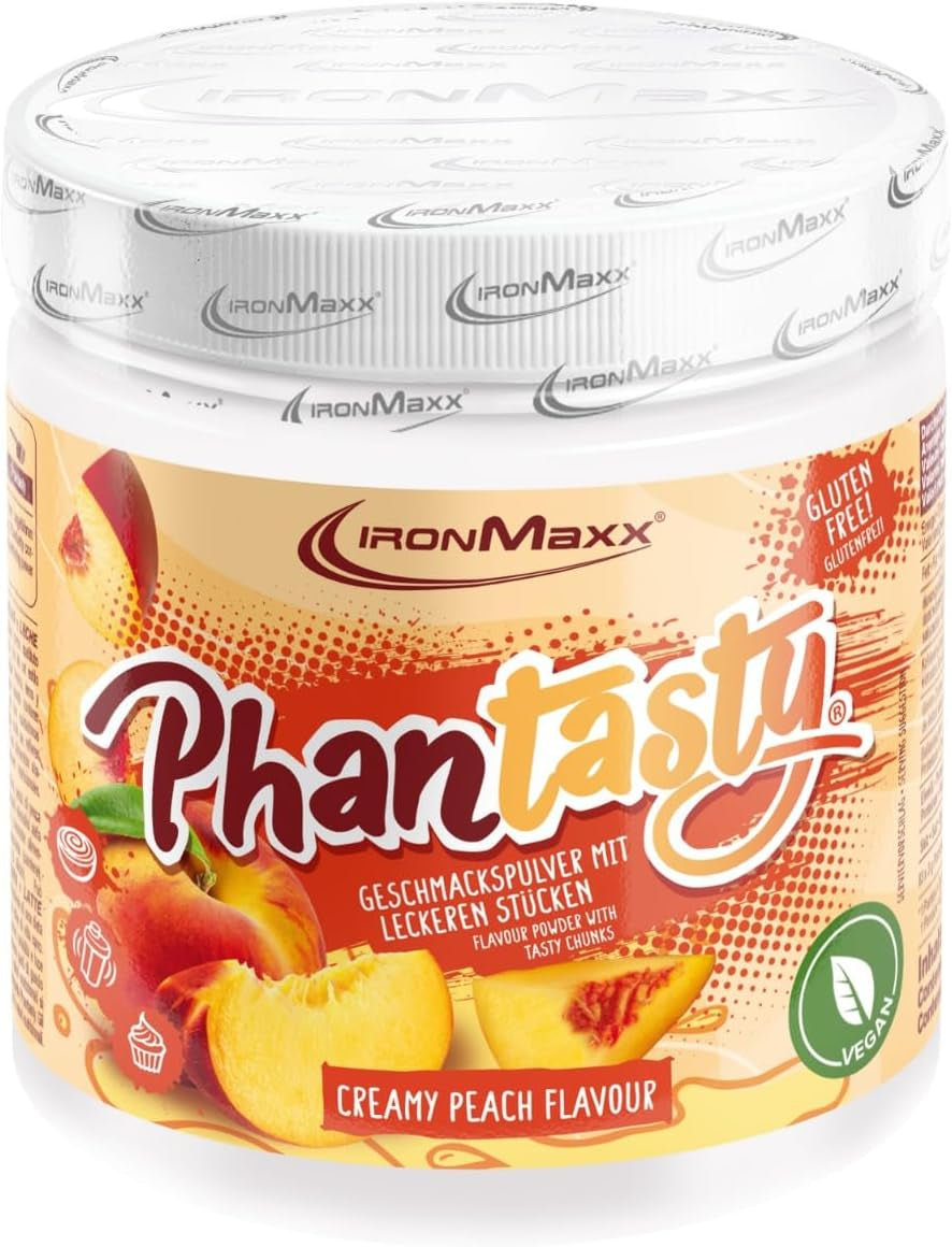 Ironmaxx Phantasty - Romige perzik 250G dosis | Veganistische Geschmackspulver Mit Echten Frucht- Oder Nussstückchen | Perfekter Zuckerersatz Zoetstoffen Naty Shop 250 G (1Er-verpakking) Romige perzik