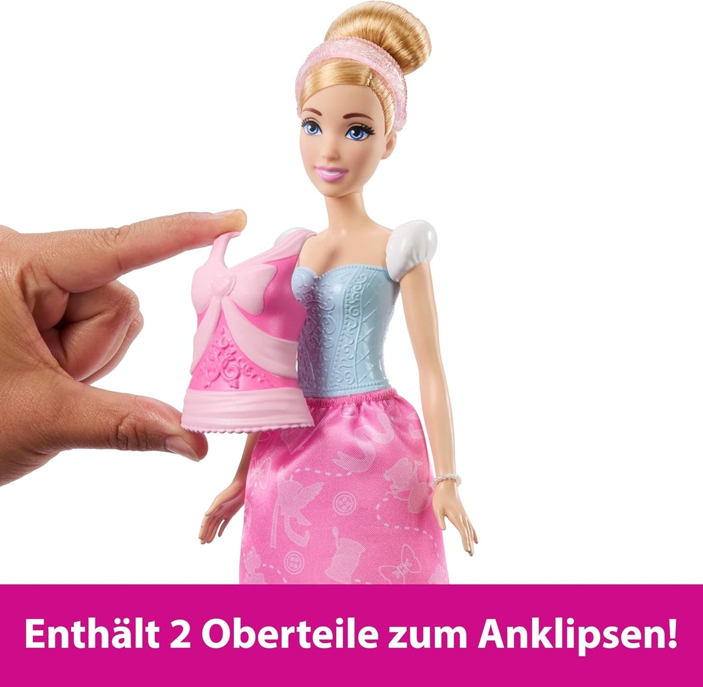 Mattel Disney Princess Toys Assepoester modepop met 2 outfits, 9 accessoires, 2 topjes met clips en 2 rokken. 2-in-1-verhalen geïnspireerd op de Disney-film JCR95