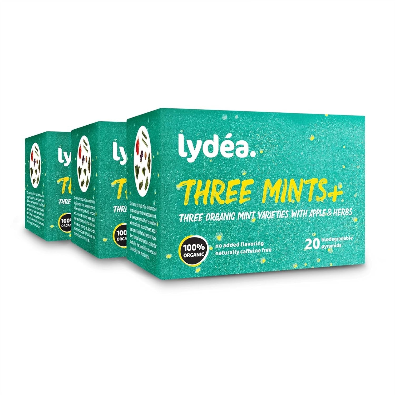 Lydea Three Mints+ biologische kruidenthee met drie soorten munt, appel en kruiden, 60 piramides, 3 stuks [3 x 20 piramides]