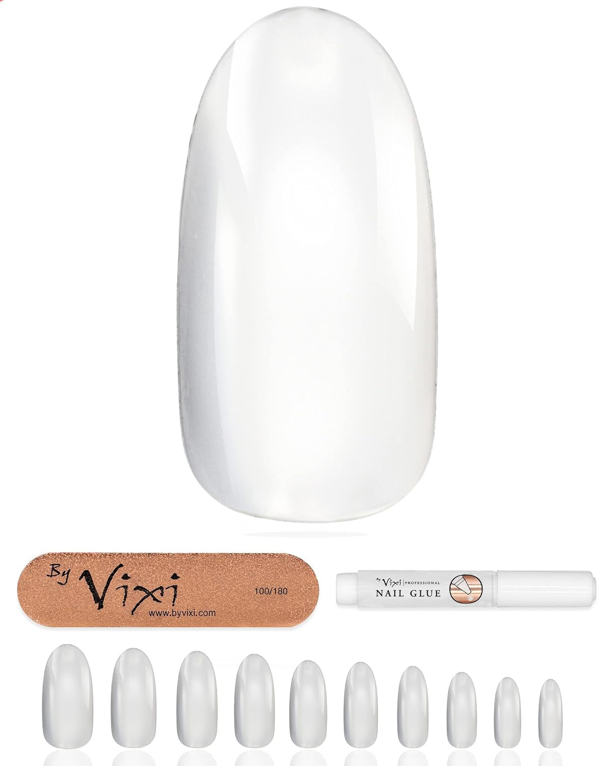 Vixi 600 korte ovale nagelverlengingen met voorbereidingsvijl, 10 maten - volledige dekking, ondoorzichtig. Voor professionals en thuisgebruik.