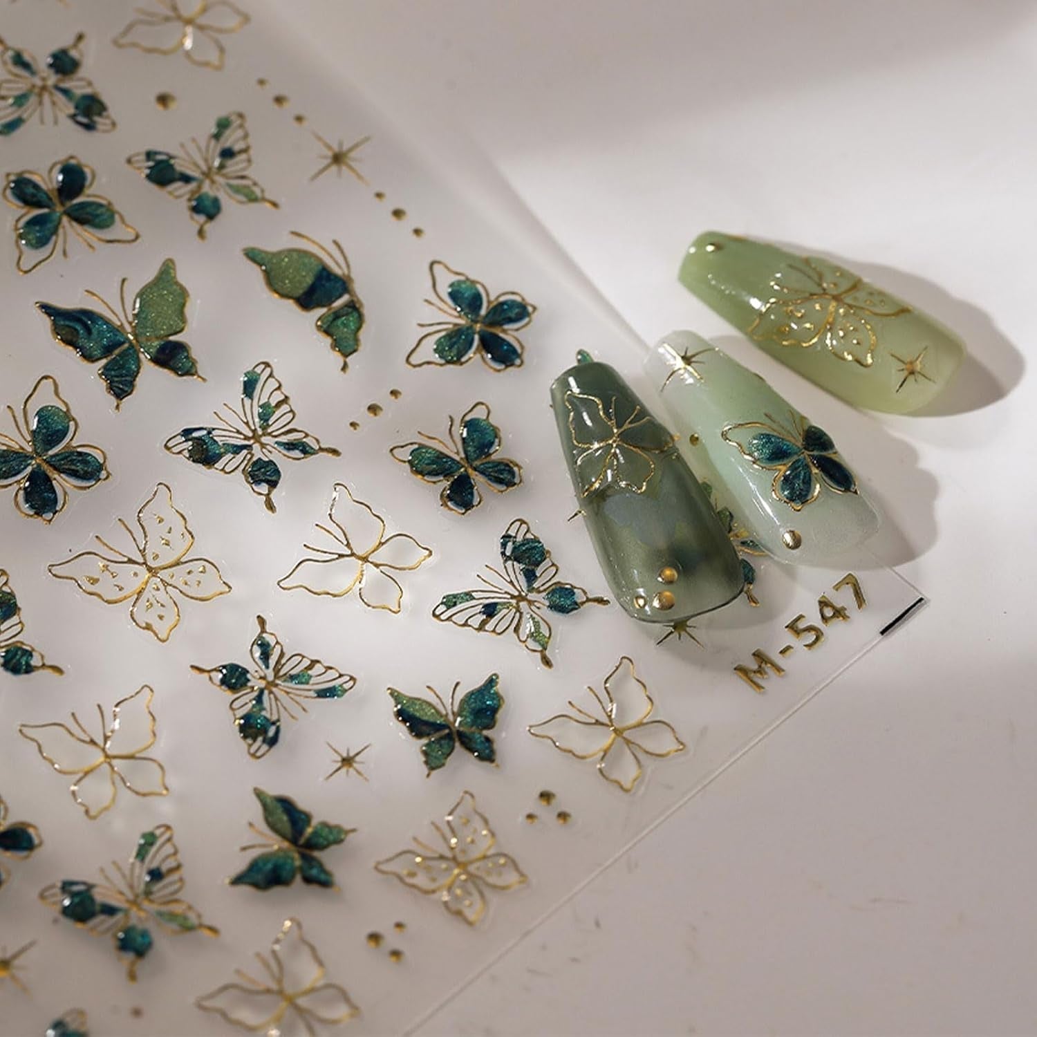 JMEOWIO 3D Nagelsticker Groen Goud Schmetterling Nail Art Sticker Selbstklebend Nagelaufkleber 5D Stereoskopische Decoratie Nageldesign Zubehör 1 Blatt