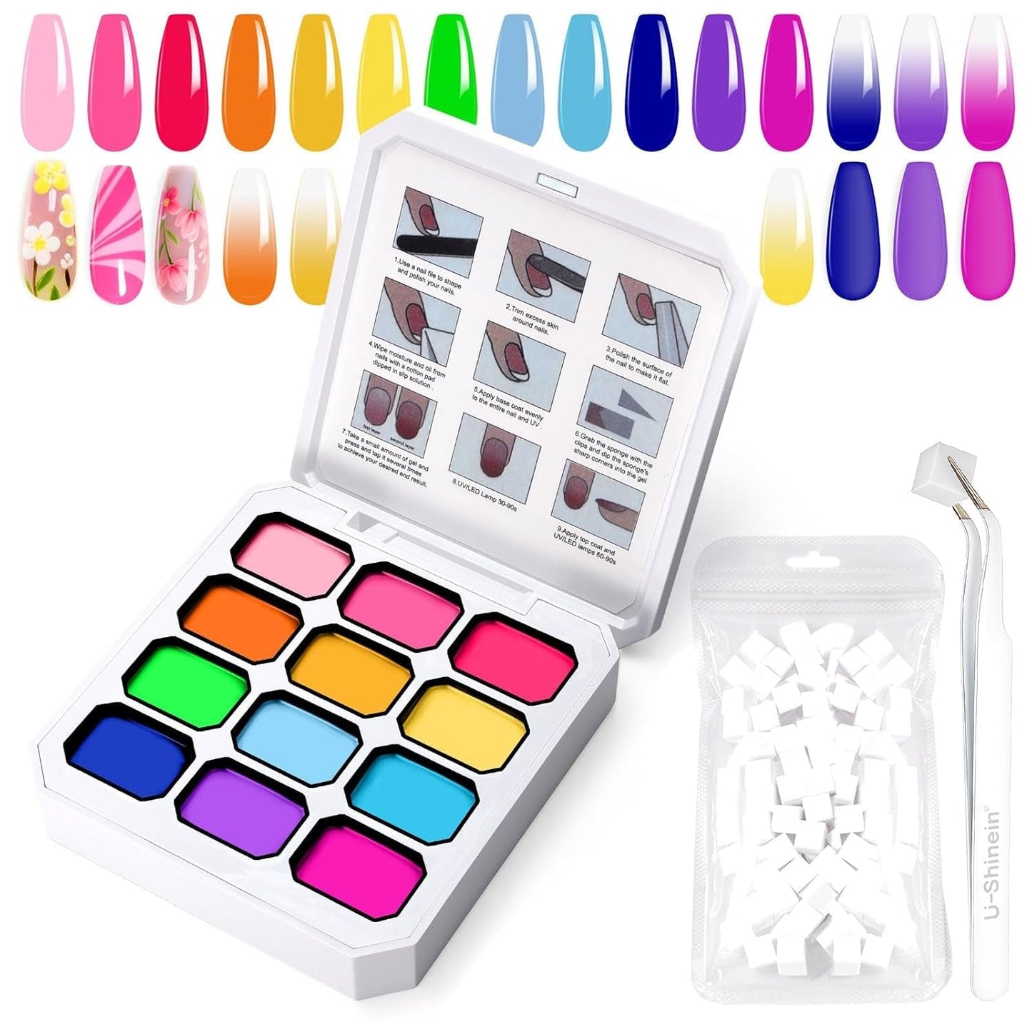Gradiëntschildergel, 12 kleuren Ombre gelnagellak met 100 stuks nagelsponsen en 4 klauwen metalen grijper voor Franse manicure DIY nagelkunst, set I
