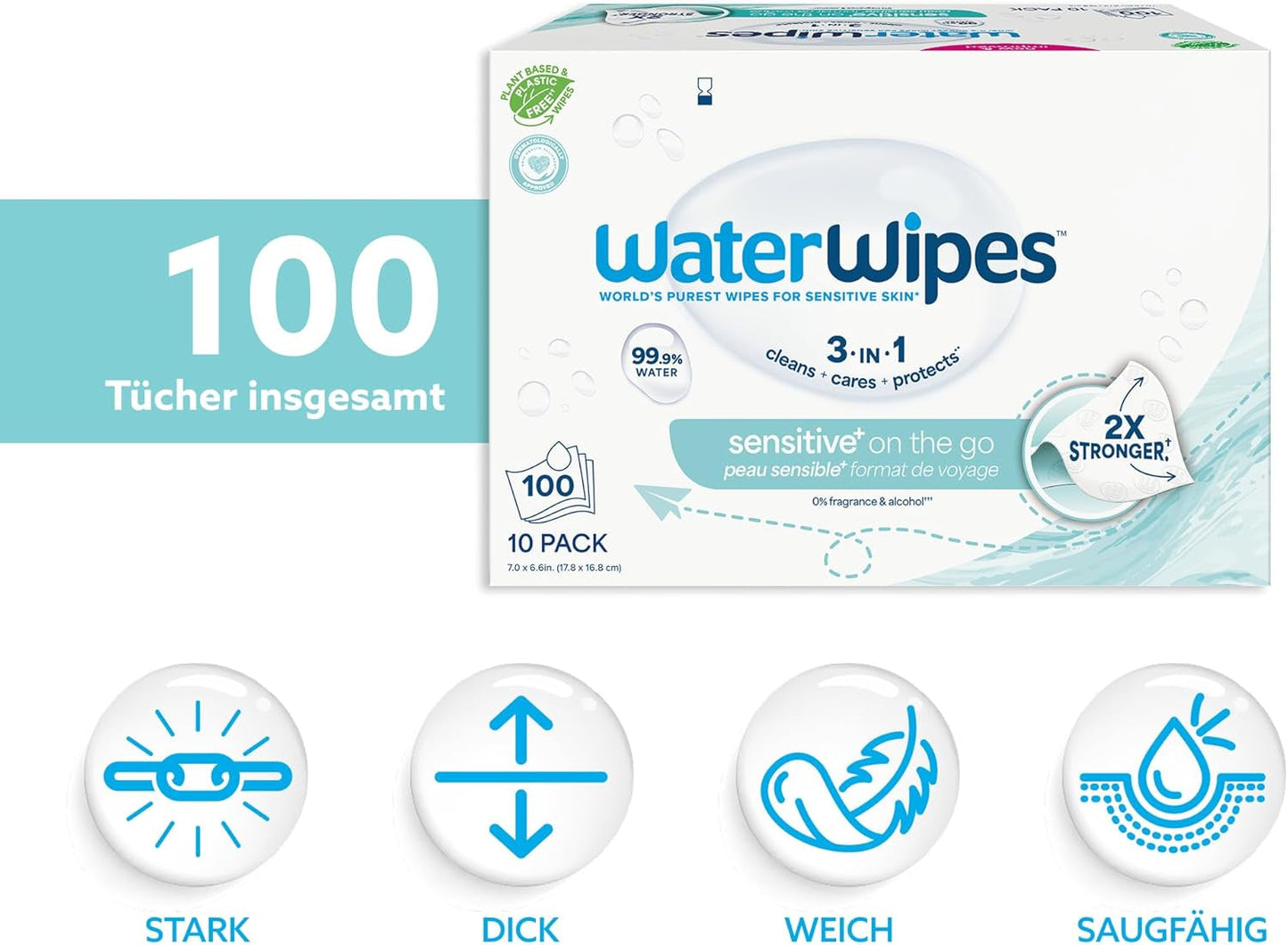 WaterWipes Sensitive+ Vochtige doekjes voor onderweg, 100 doekjes (10 stuks), 3 in 1 Reinigt, verzorgt, beschermt, 99,9% water, geurvrije doekjes