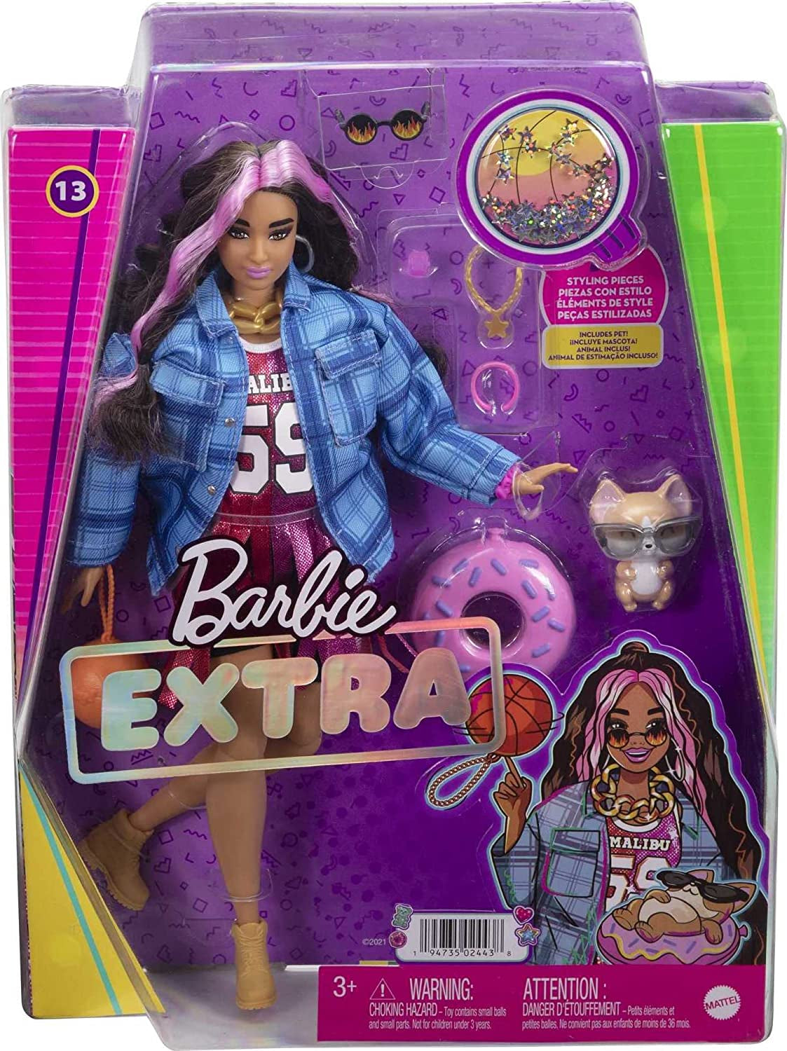 Barbie HDJ46 - Extra pop in jurk met basketbalshirt en accessoires, met Corgi-huisdier, extra lang krullend haar met roze strepen en flexibele gewrichten, cadeauspeelgoed voor kinderen 3+ Naty Shop-poppen